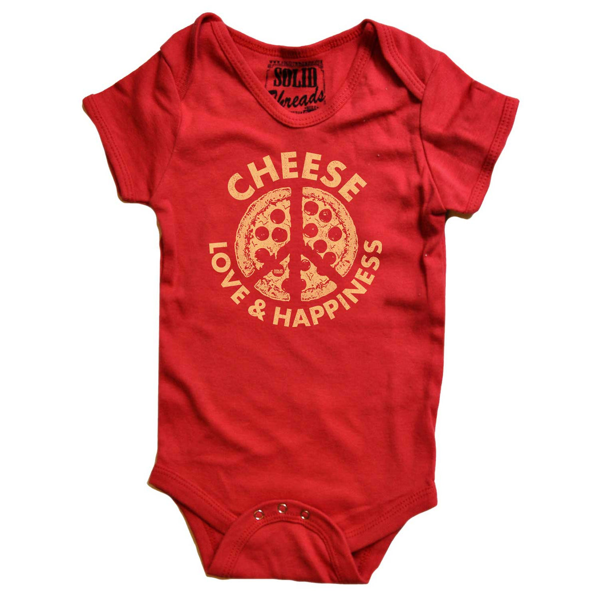 Baby Cheese Love &amp; Happiness Retro Pizza Graphic One Piece | Cute Peace Sign Romper | Solid Threads