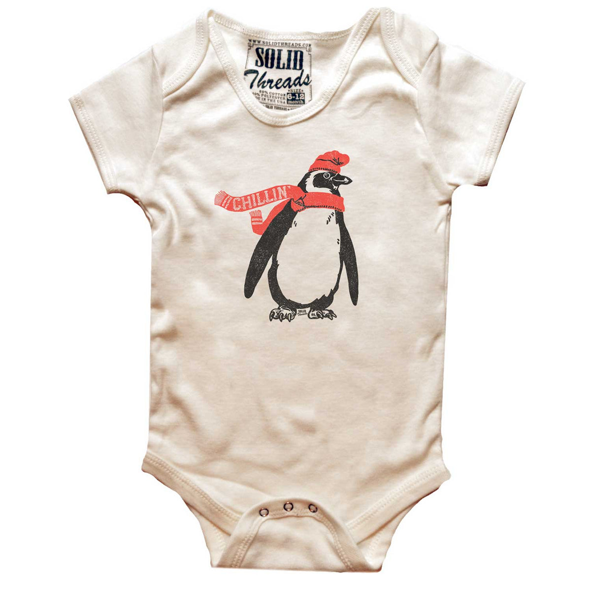 Baby Chillin Cool Christmas Spirit Graphic One Piece | Retro Cute Penguin Romper | Solid Threads