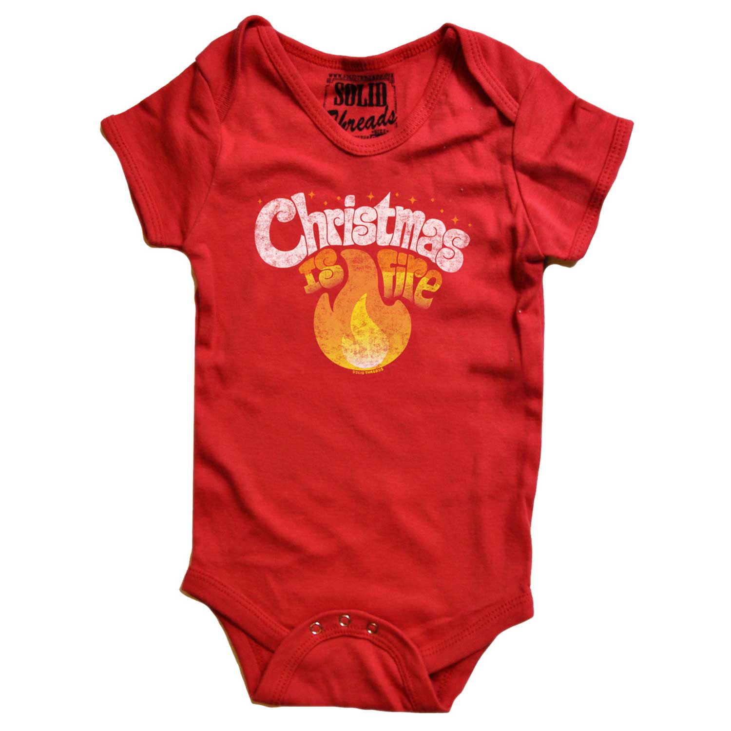 Baby Christmas Is Fire Retro Graphic One Piece | Cute Funny Holiday Spirit Romper | Solid Threads
