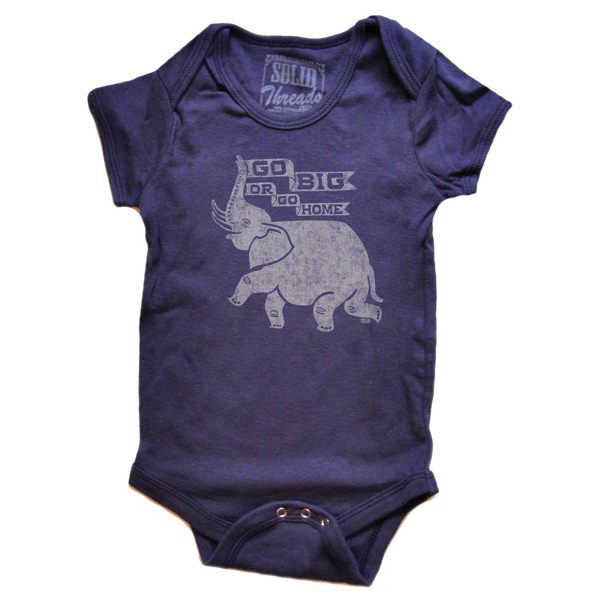 Baby Go Big or Go Home Retro Zoo Graphic Onesie | Cute Retro Elephant Romper | Solid Threads