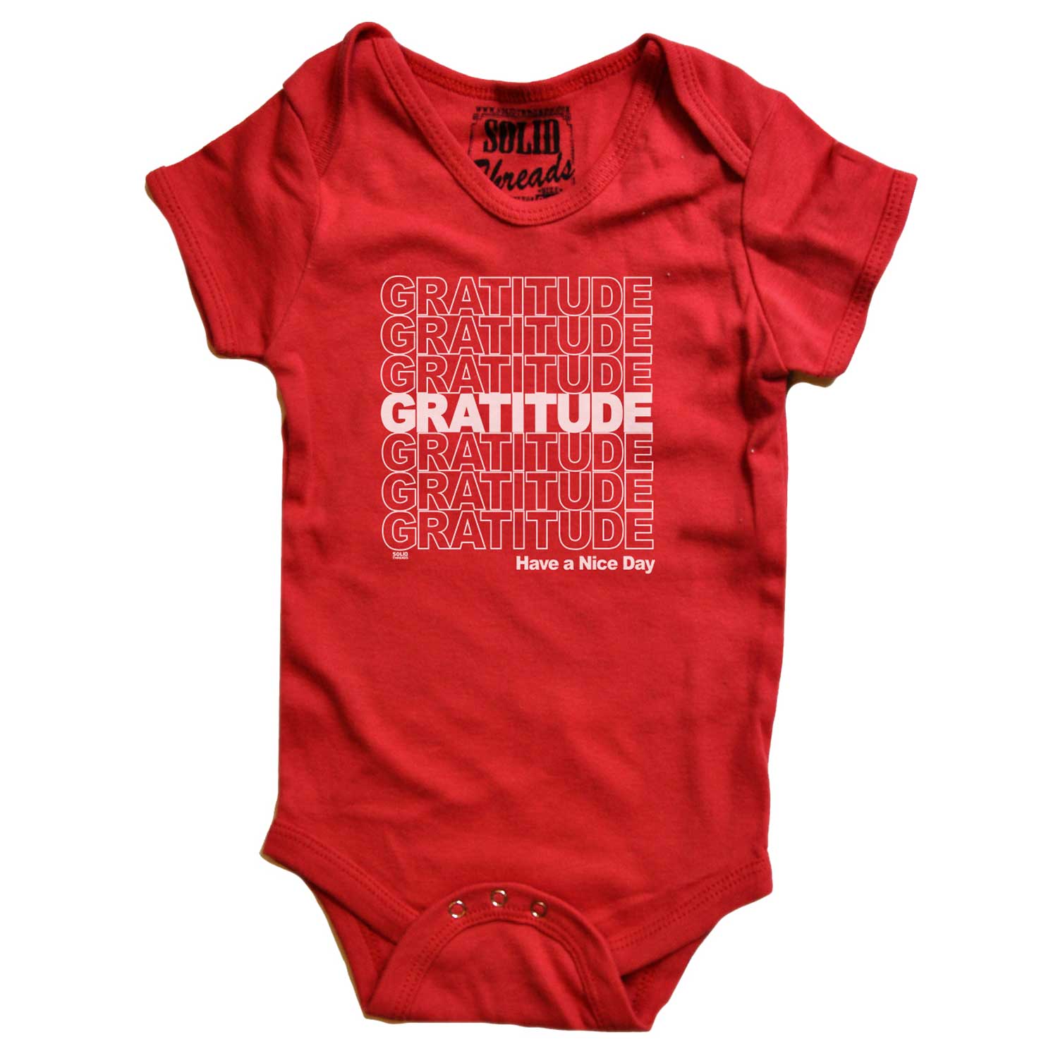 Baby Gratitude Retro Mindfulness Graphic One Piece | Cute Have a Nice Day Romper | Solid Threads