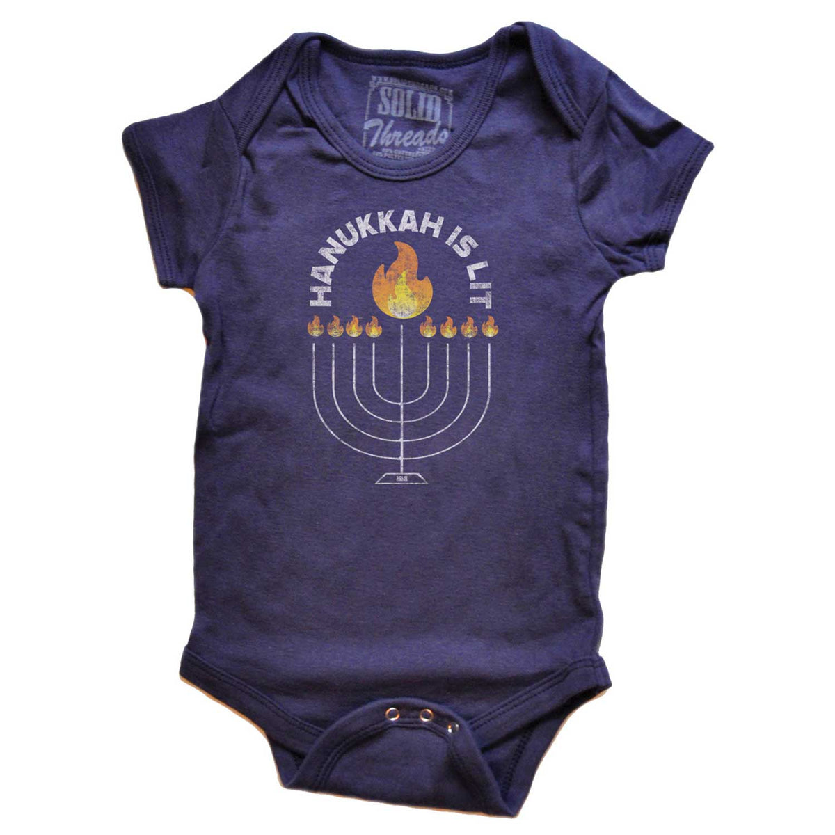 Baby Hanukkah is Lit Holiday Graphic One Piece | Funny Festival of Lights Romper | Solid Threads