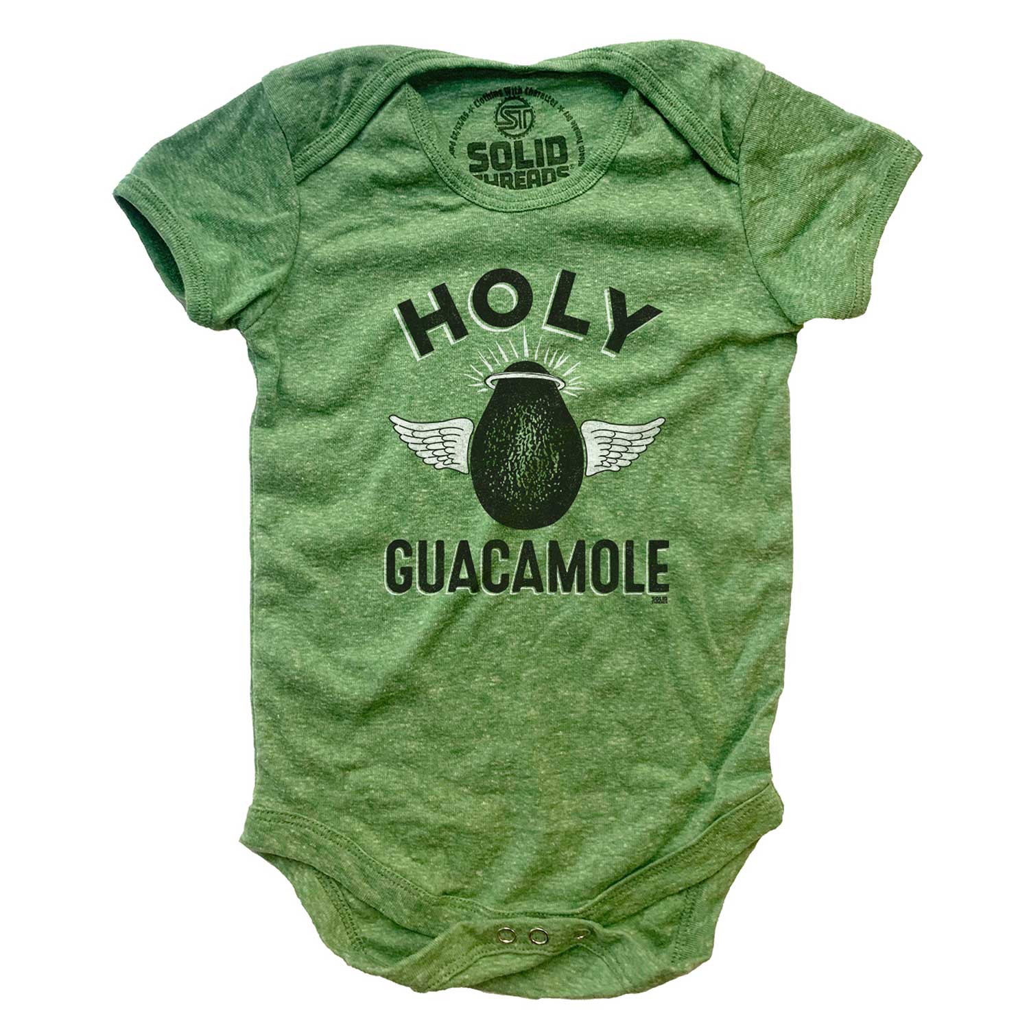Baby Holy Guacamole Retro Graphic One Piece | Funny Avocado Romper with Front Snaps | Solid Threads