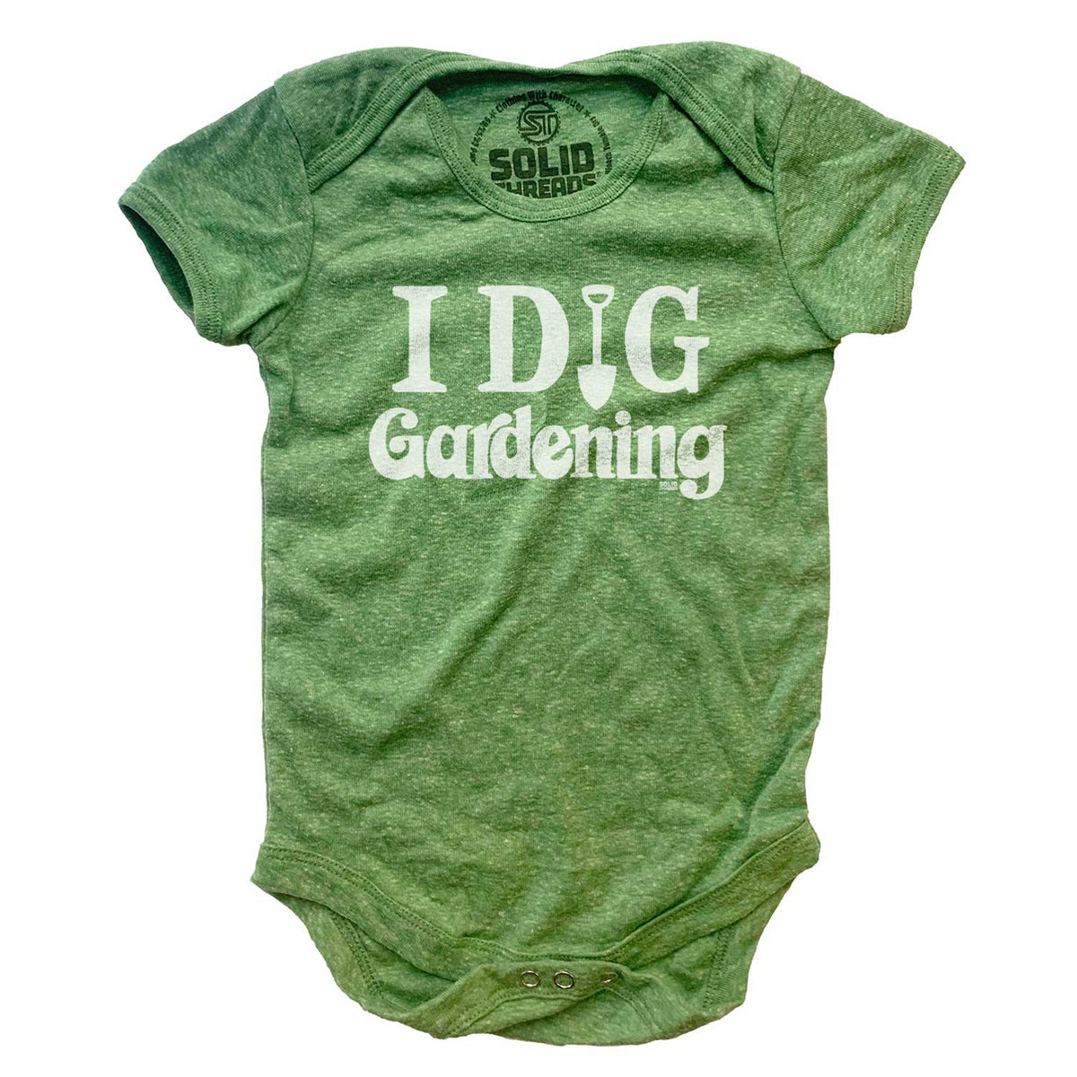 Baby I Dig Gardening Retro Nature Graphic One Piece | Cute Green Thumb Baby Romper | Solid Threads