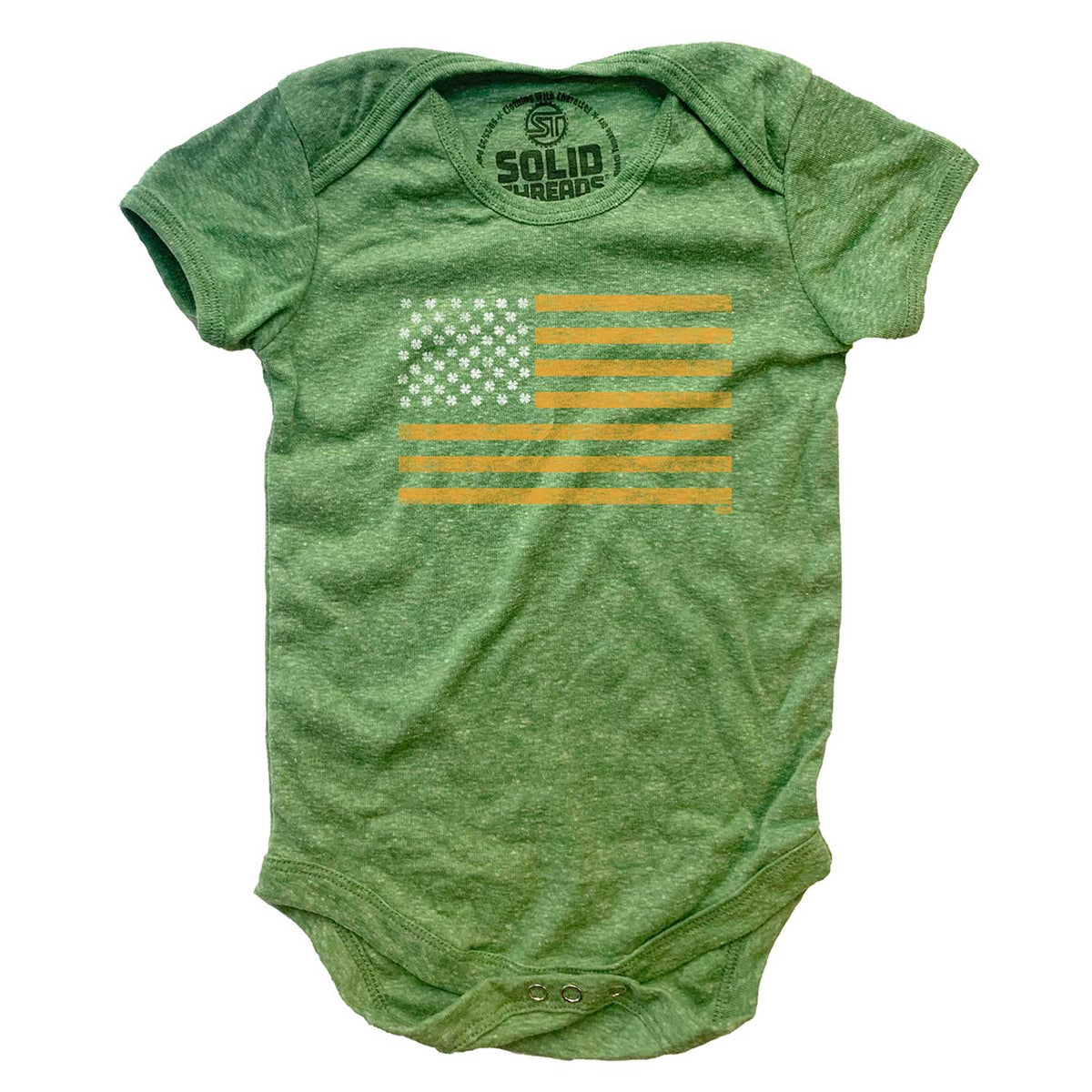 Cute Baby Irish American Retro St. Paddy&#39;s Graphic One Piece | Cool Shamrock Romper | Solid Threads