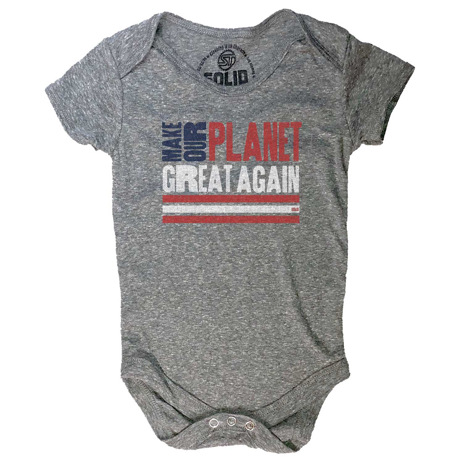 Baby Make Our Planet Great Again Vintage Graphic Onesie | Retro Politics Romper | Solid Threads