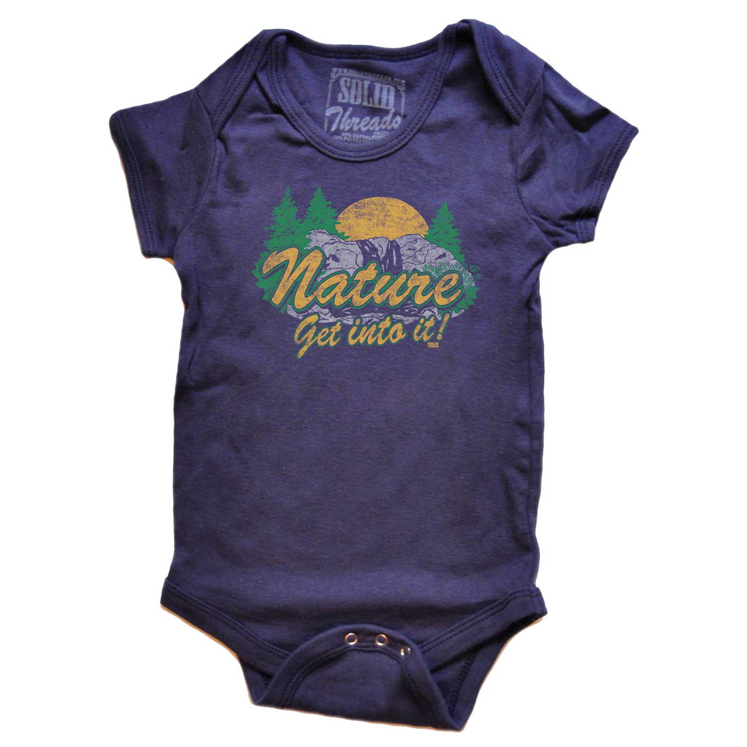 Baby Nature Get Into It Cool Camping Graphic One Piece | Retro Outdoorsy Romper | Solid Threads