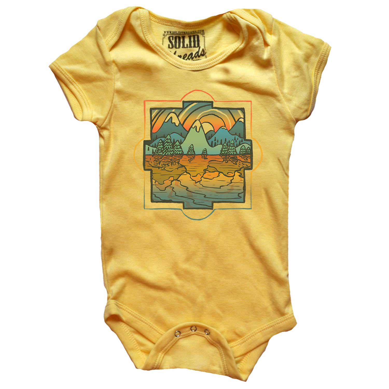 Baby Reflections Retro Mountains Graphic One Piece Romper | Colorful Nature Onesie | Solid Threads