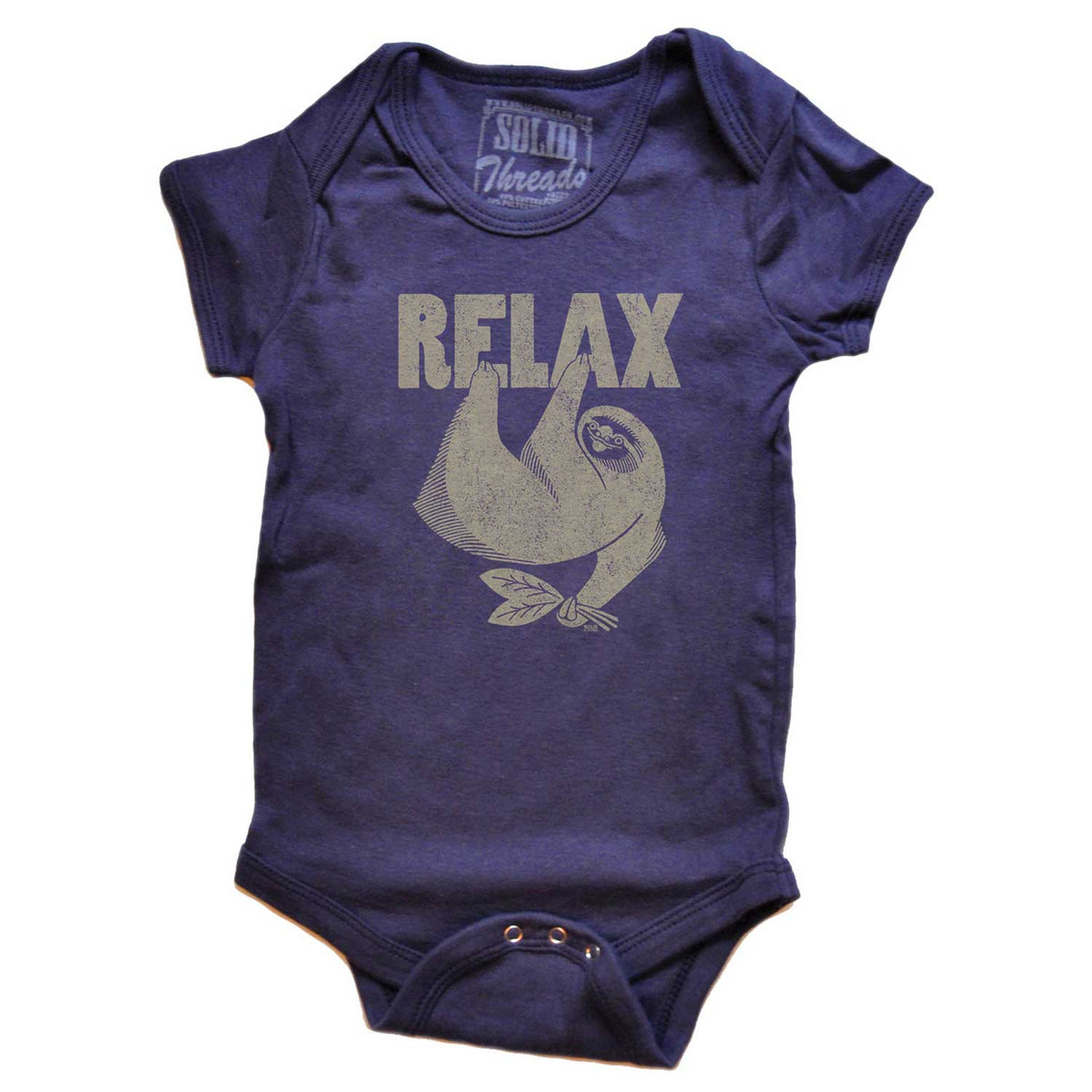 Baby Relax Sloth Retro Mindfulness Graphic One Piece | Funny Animal Lover Romper | Solid Threads
