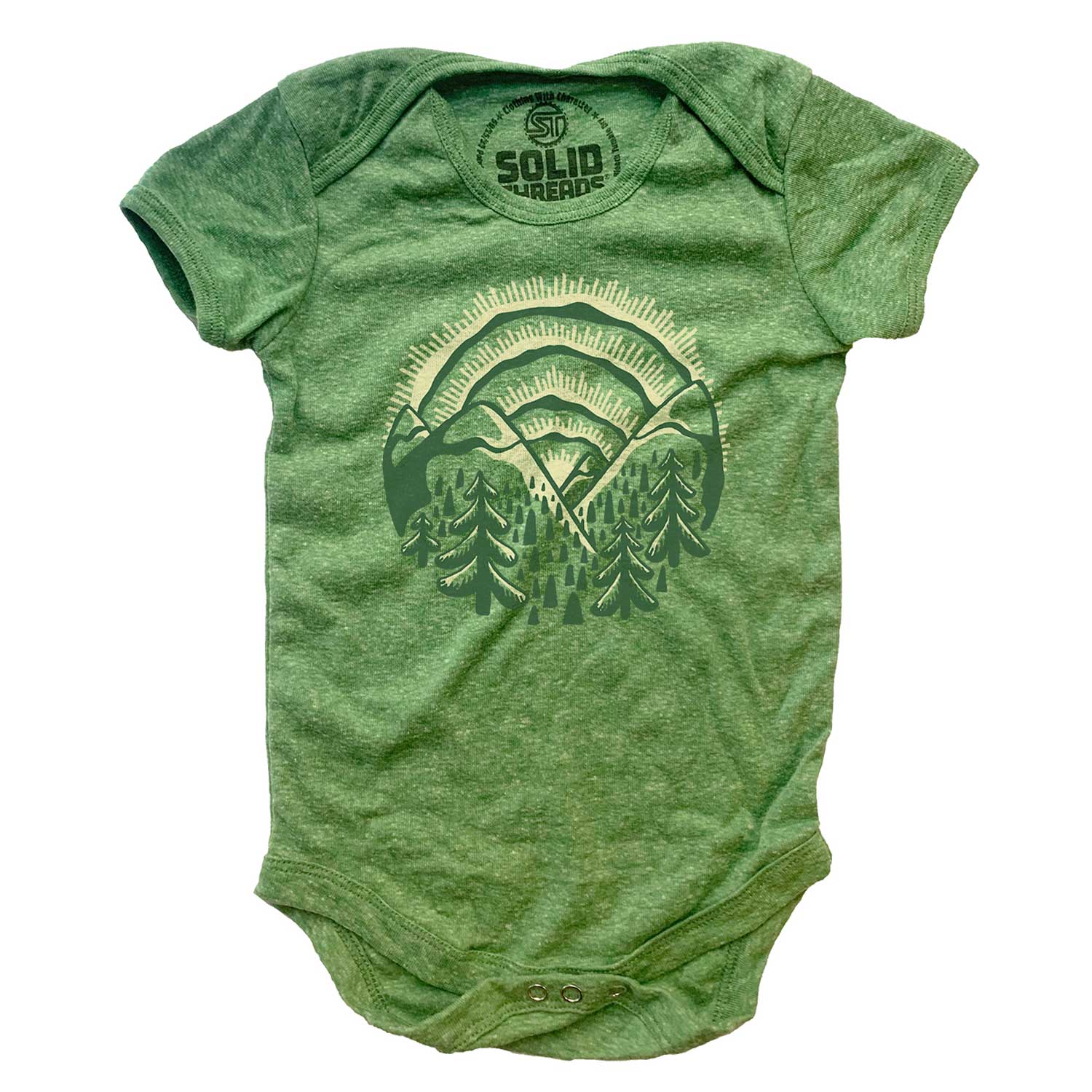 Cute Baby Sunset Retro Mountains Graphic One Piece | Cool Nature Hippie Baby Romper | Solid Threads