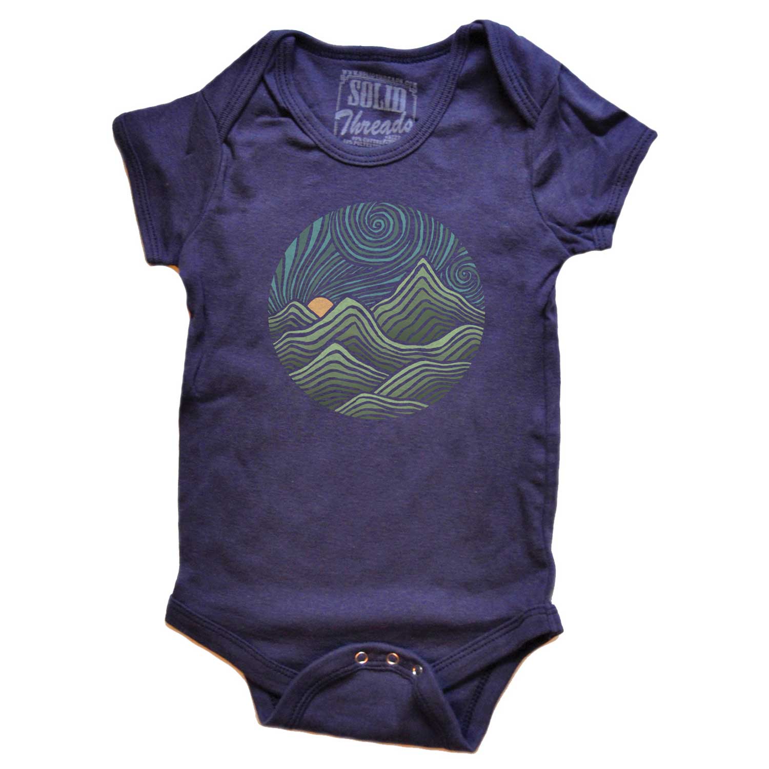 Baby Swirly Mountains Retro Nature Graphic One Piece | Soft Colorful Baby Romper | Solid Threads