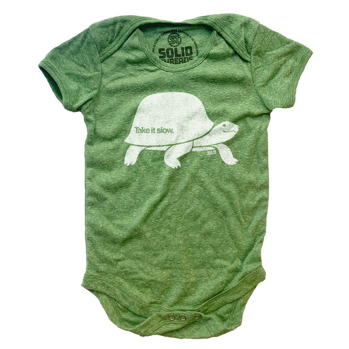 Baby Take It Slow Retro Patience Graphic One Piece | Cute Turtle Triblend Romper | Solid Threads