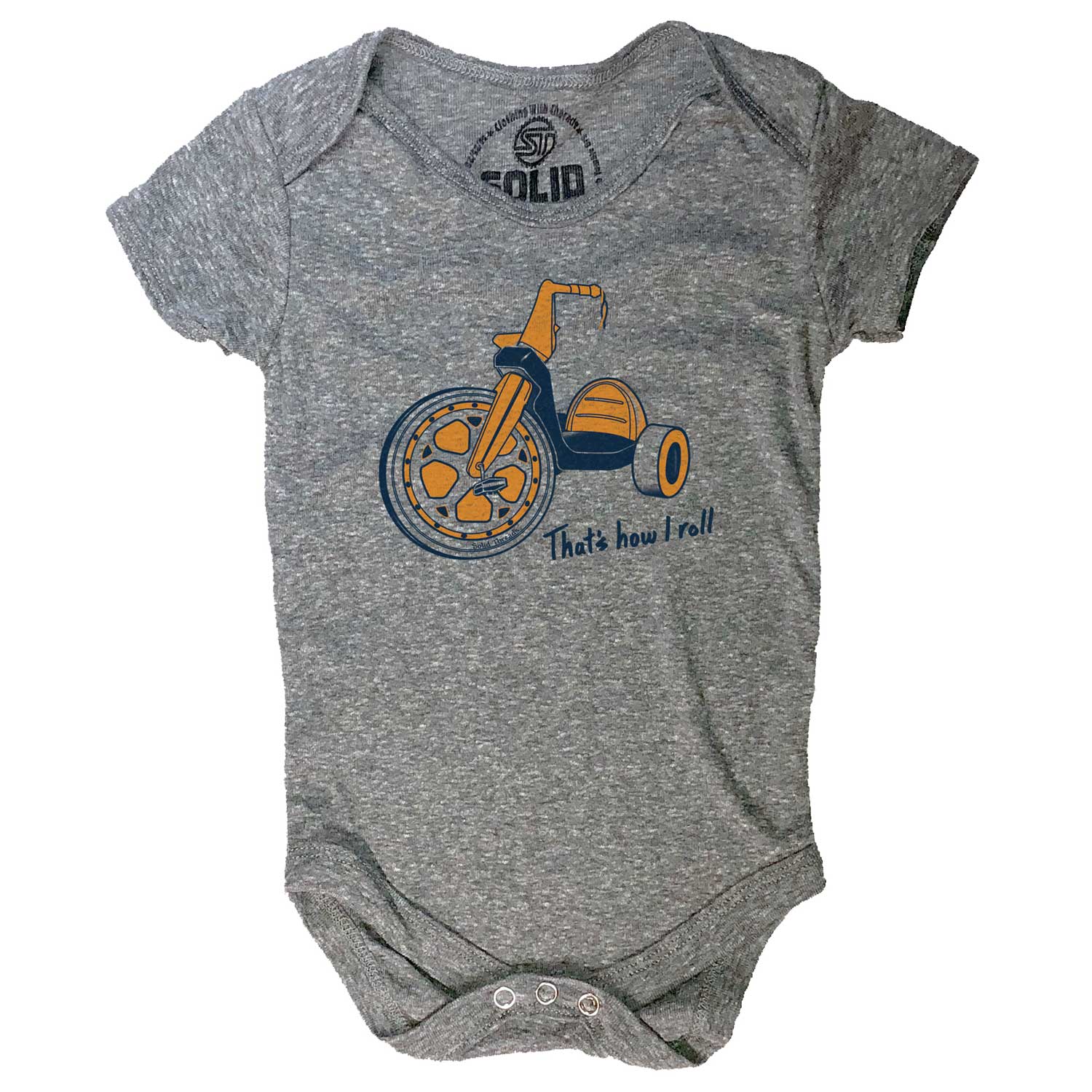 Baby How I Roll Funny Playground Graphic One Piece | Cute Bicycle Triblend Romper | Solid Threads