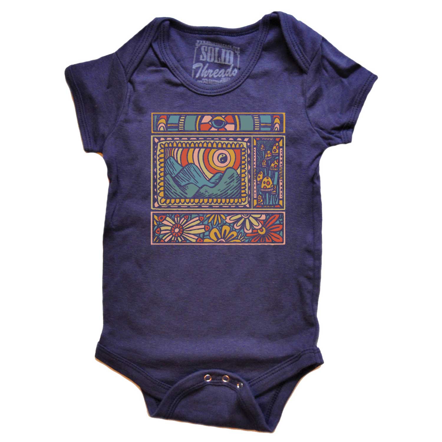 Baby Trippy Nature Retro Psychedelic Graphic One Piece | Cool Artsy Mushrooms Romper | Solid Threads