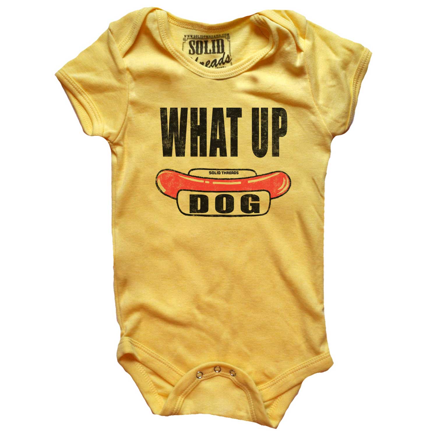 Baby What Up Dog Retro Summer Graphic One Piece | Cute Funny Barbecue Romper | Solid Threads