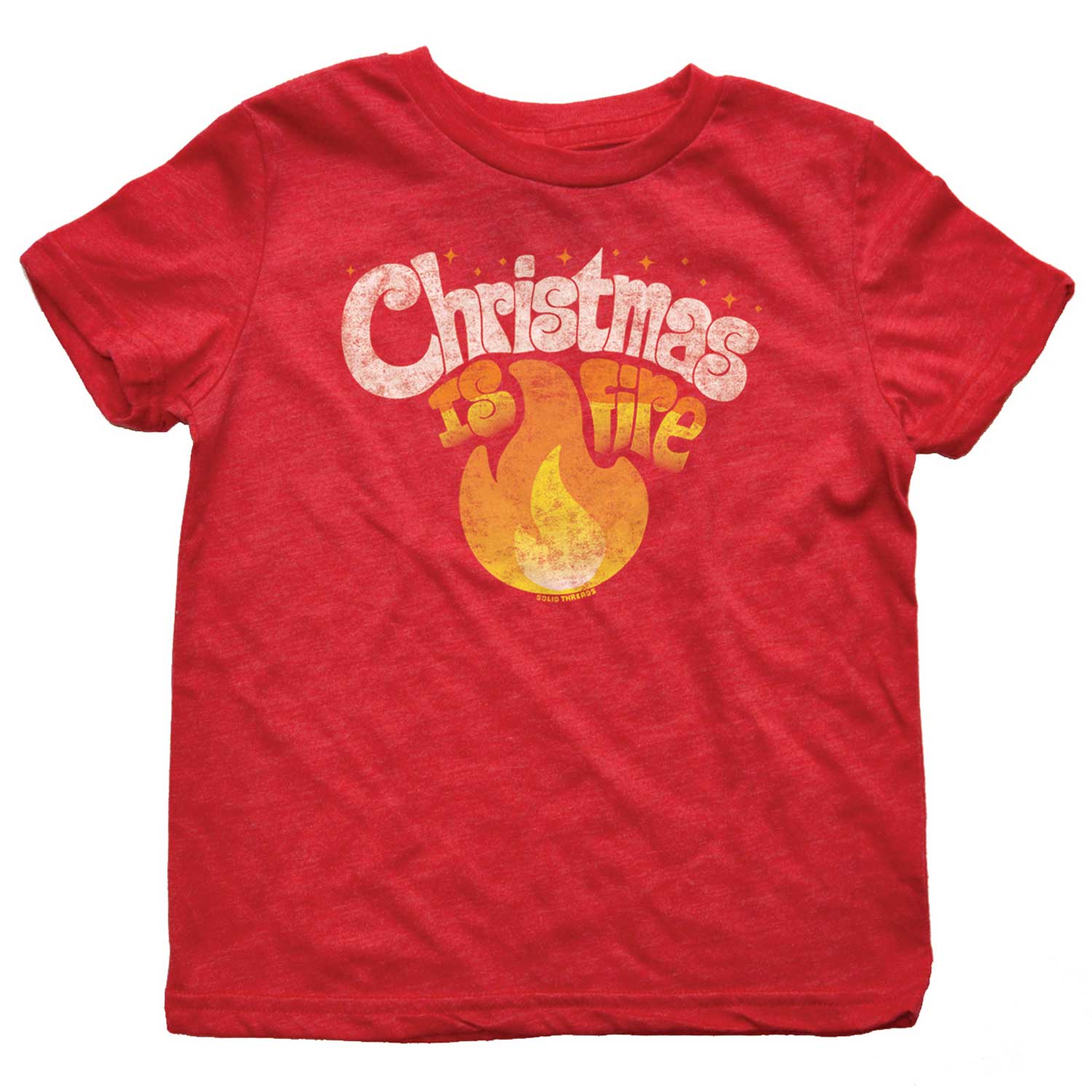 Kids Christmas Is Fire Retro Holiday Graphic T-Shirt | Funny Christmas Party Tee | Solid Threads