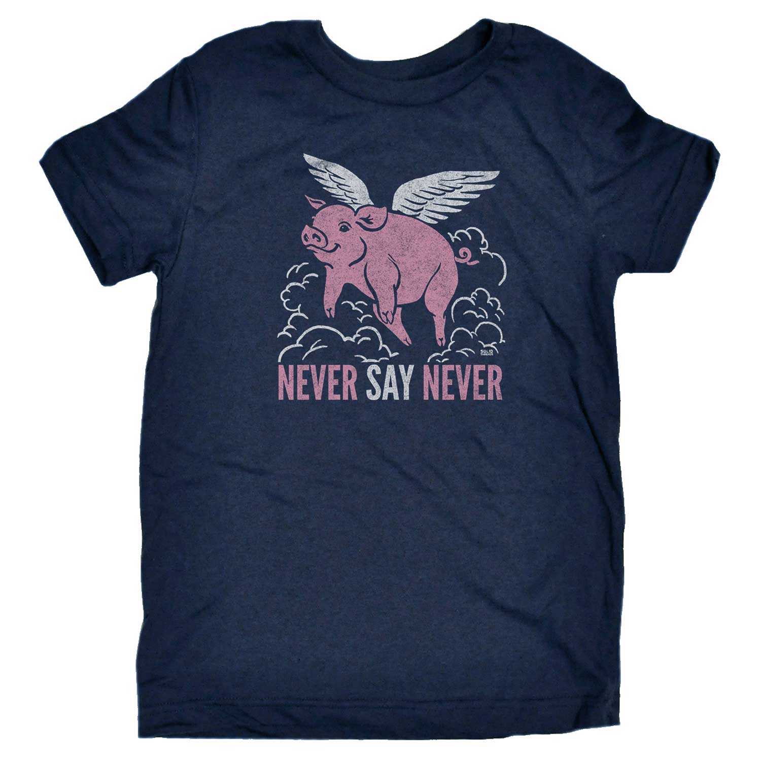 Cute Kid's Never Say Never Funny Animal Graphic Tee | Retro When Pigs Fly T-Shirt | Solid Threads