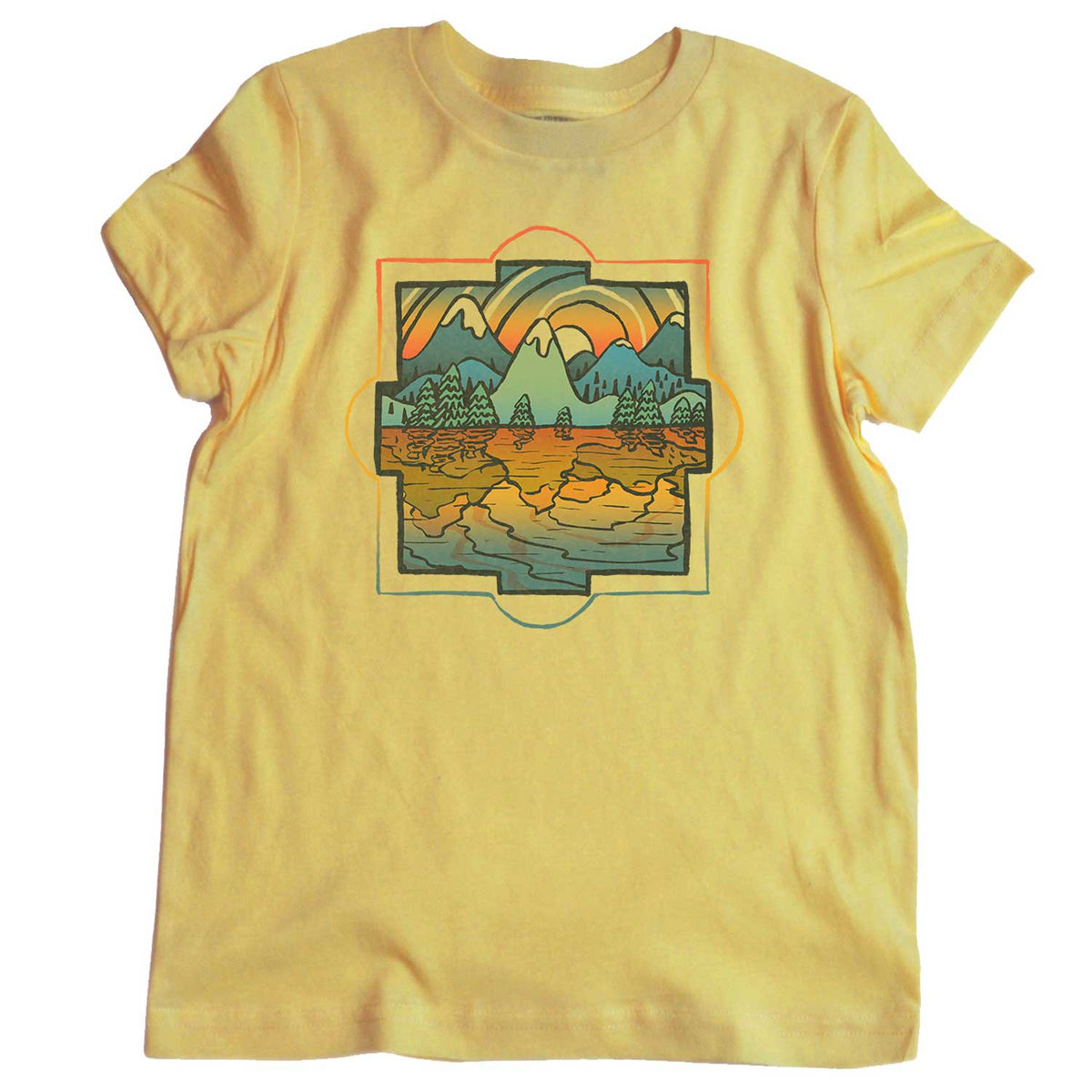 Kid&#39;s Reflections Retro Mountains Graphic Tee | Cute Colorful Lake T-Shirt for Youth | Solid Threads