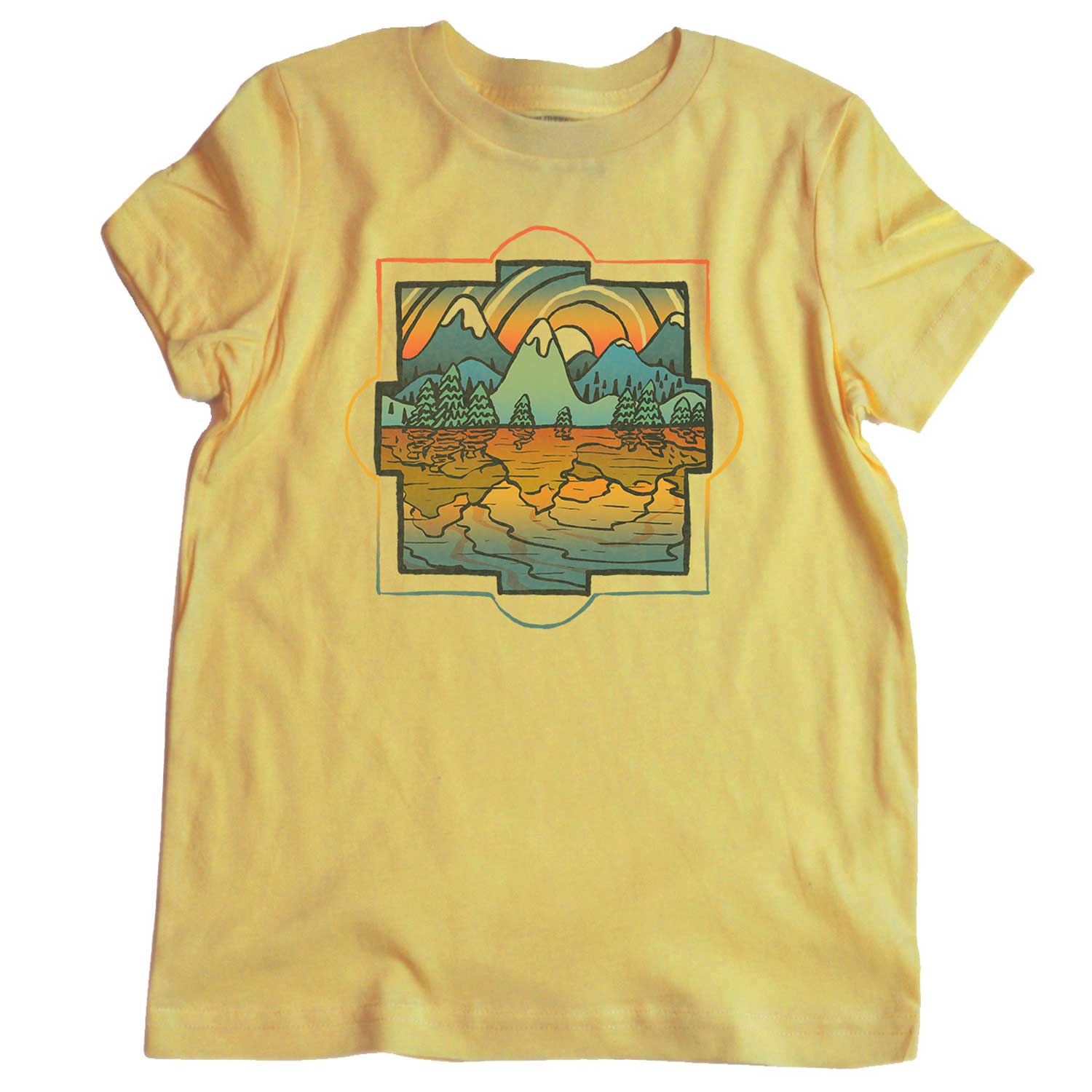 Kid's Reflections Retro Mountains Graphic Tee | Cute Colorful Lake T-Shirt for Youth | Solid Threads