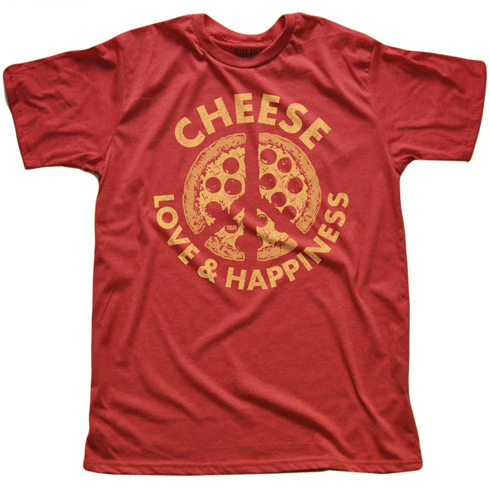 Men&#39;s Cheese Love &amp; Happiness Vintage Foodie Graphic Tee | Retro Pizza Chef T-Shirt | Solid Threads