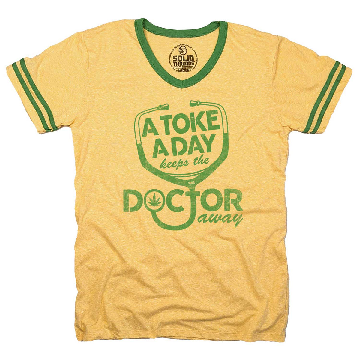 Men&#39;s A Toke A Day Keeps The Doctor Away Funny Graphic V-Neck Tee | Stoner T-Shirt | Solid Threads