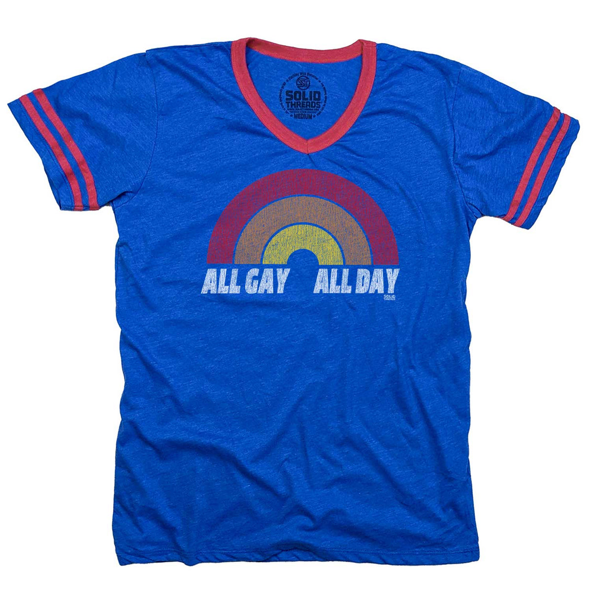 Men&#39;s All Gay All Day Vintage Graphic V-Neck Tee | Funny LGBTQ Retro Pride Shirt | SOLID THREADS