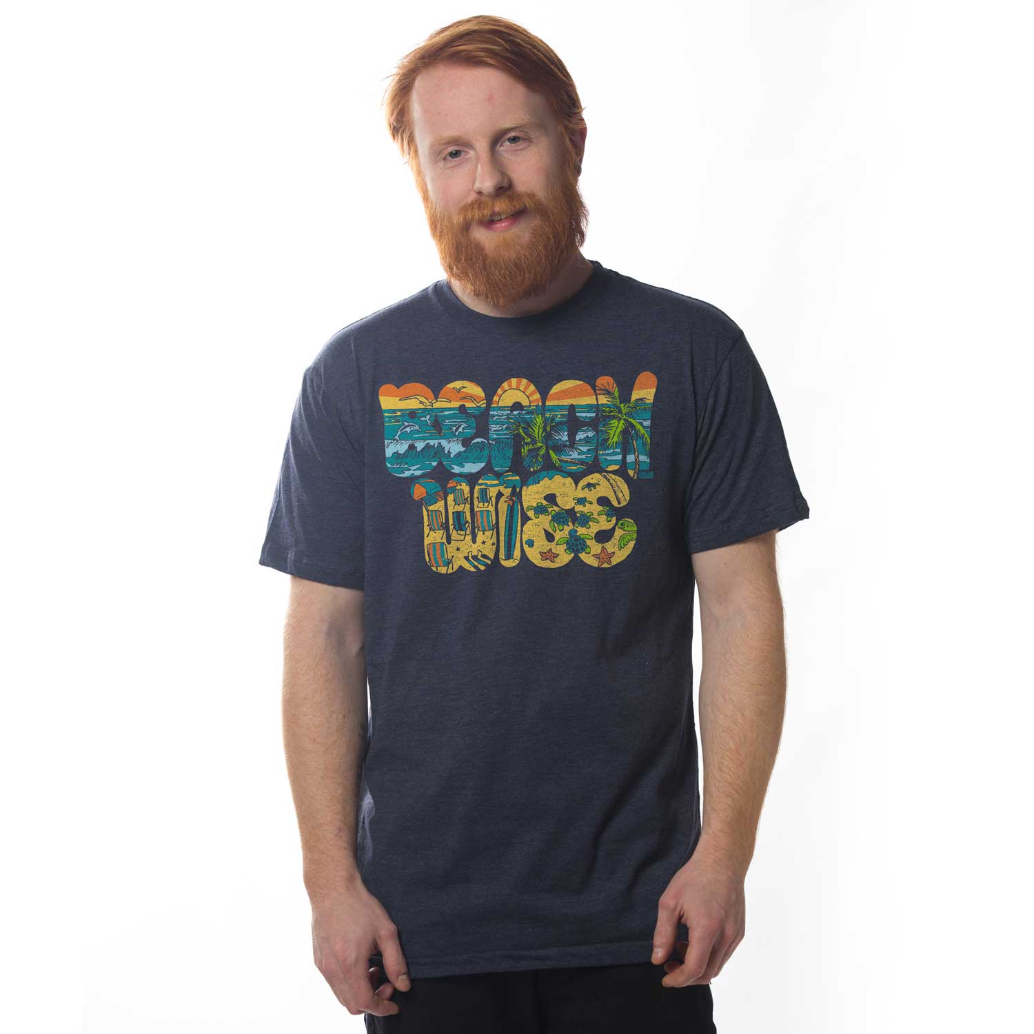 Men's Beach Wise Vintage Graphic Tee | Cool Ocean Scene T-shirt On Model | Solid Threads