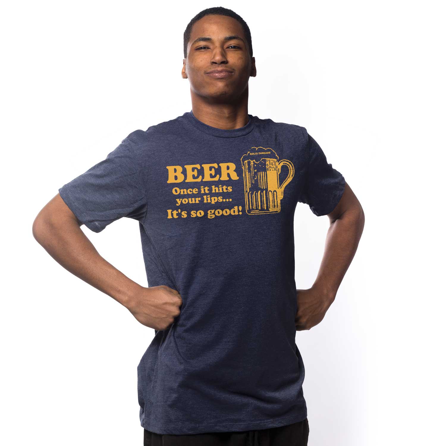 Men's Beer When It Hits Vintage T-shirt | Funny Drinking Pints Graphic Tee On Model| Solid Threads