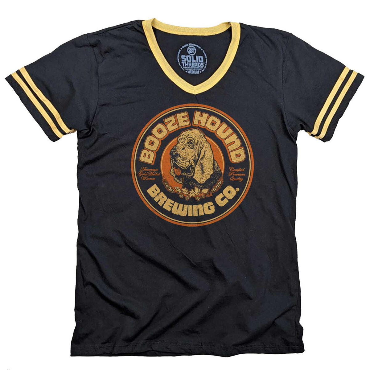 Men&#39;s Boozehound Brewing Co. Vintage Graphic V-Neck Tee | Funny Drinking T-shirt | Solid Threads