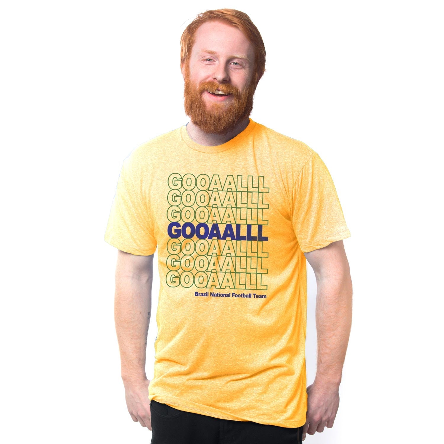 Men's Brazil Gooaalll Retro Graphic Tee | Vintage Soccer World Cup T-Shirt on Model | SOLID THREADS