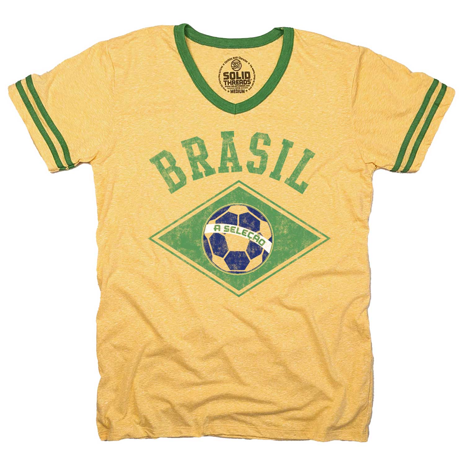 Brazil t-shirts in national football colours on sale on a stall