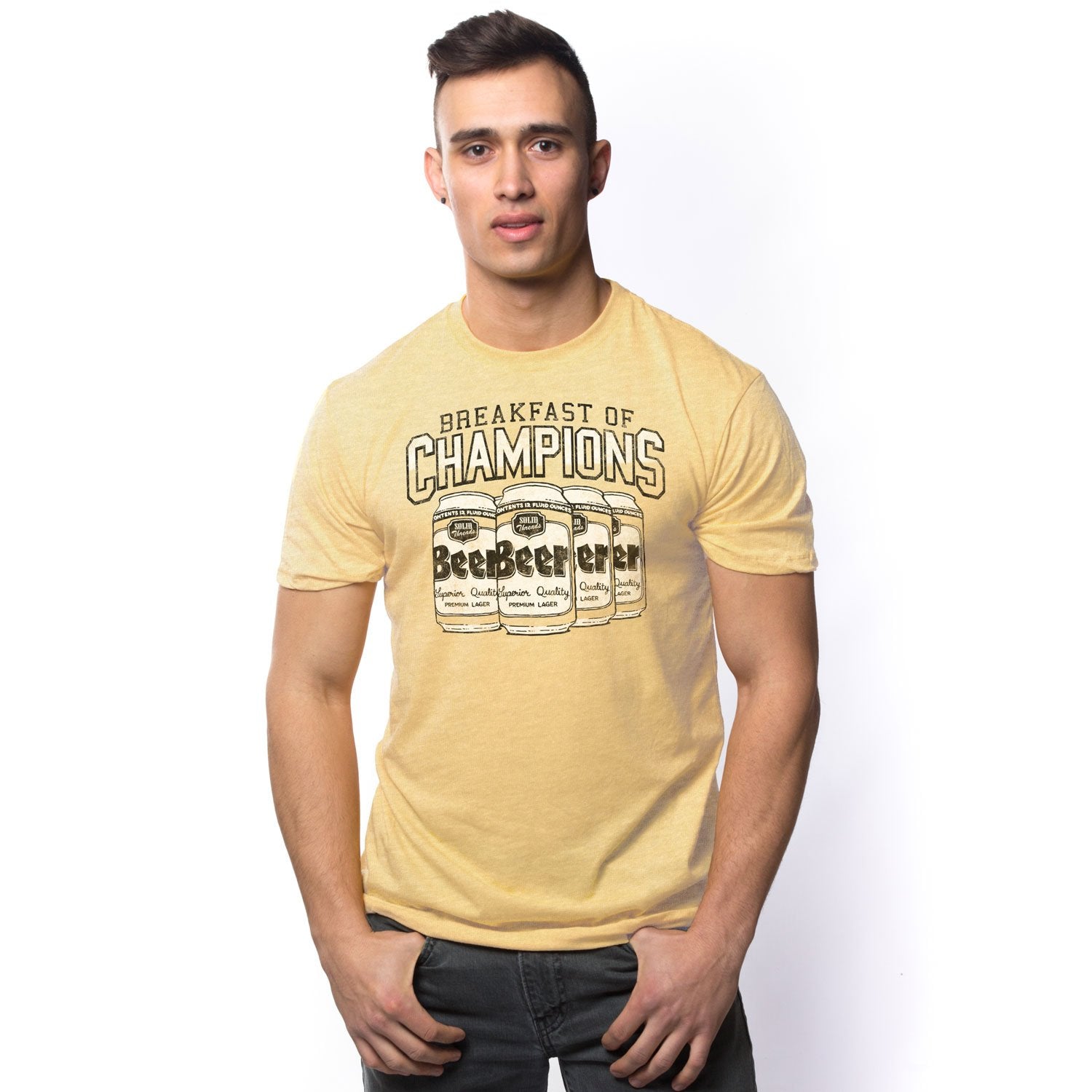 Men's Breakfast Of Champions Triblend Graphic T-Shirt | Funny Yellow Tee on Model | Solid Threads