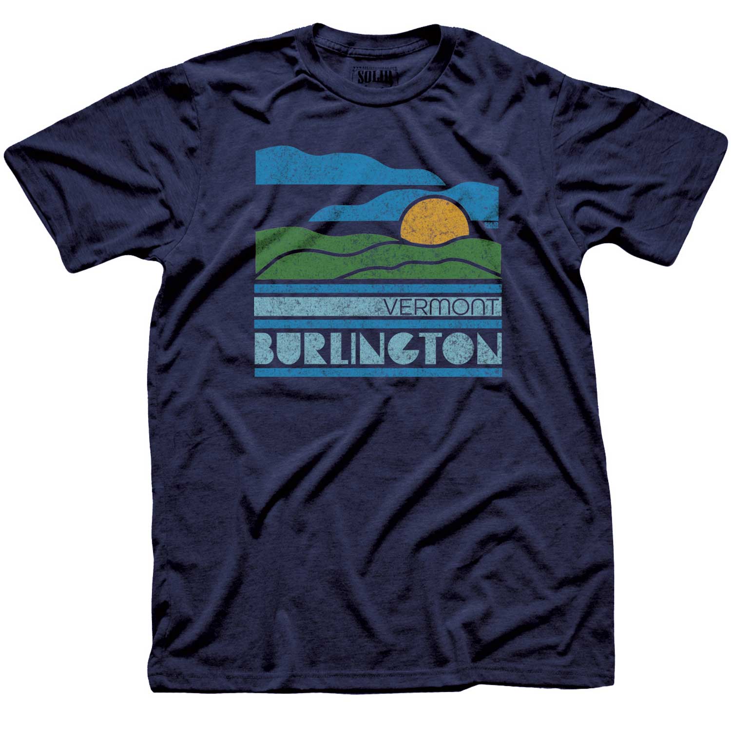 Men's Burlington Vermont Sunset Vintage Inspired T-shirt | Cool Retro Lake Champlain Graphic Tee | Solid Threads