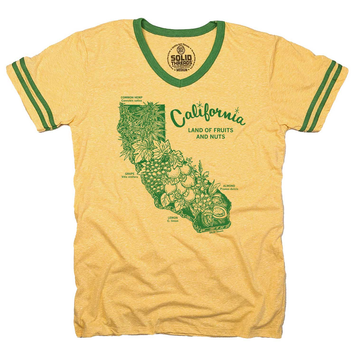 Men&#39;s California Land of Fruits and Nuts Graphic V-Neck Tee | Funny Vintage T-Shirt | Solid Threads