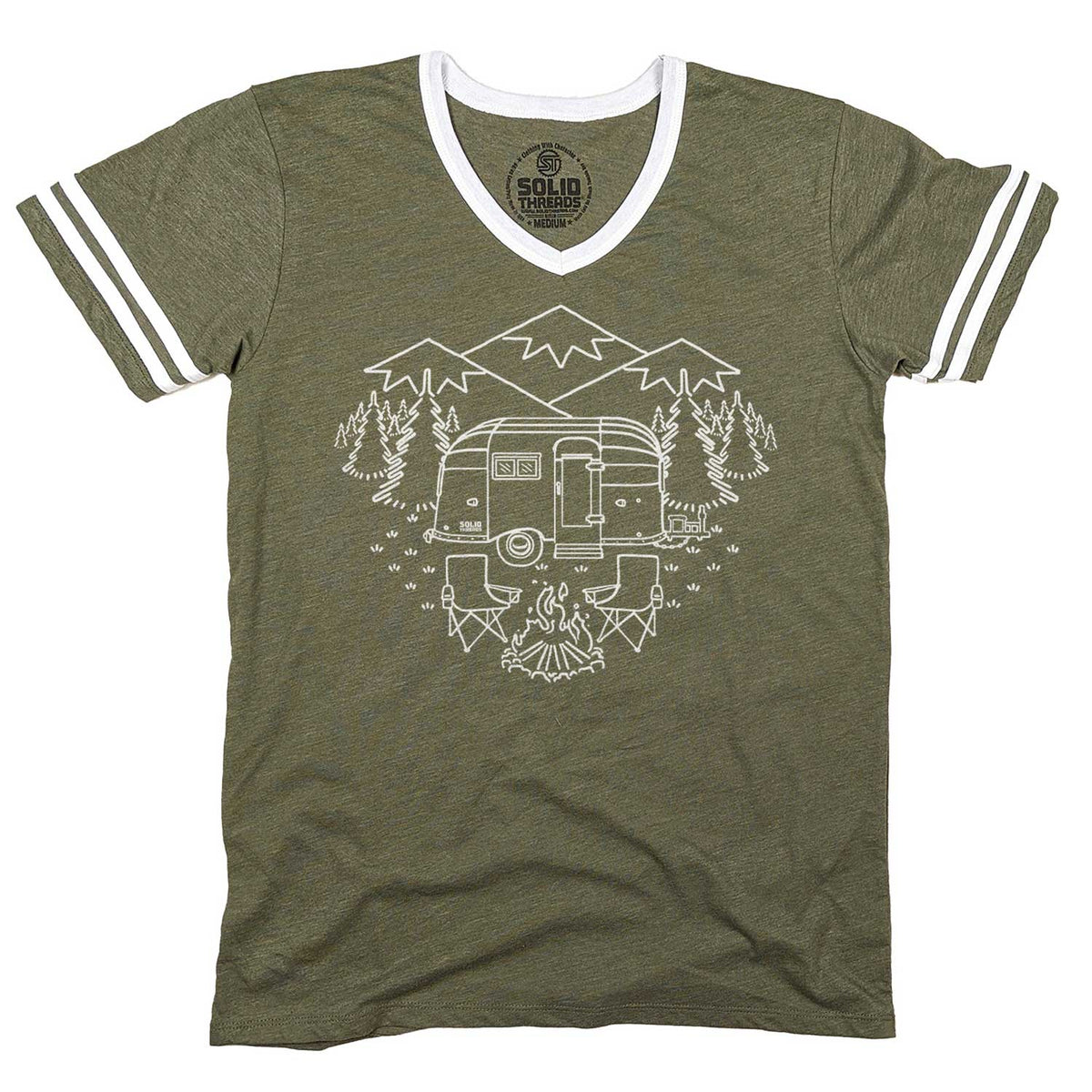 Men&#39;s Camp Site Vintage Graphic V-Neck Tee | Cool Airstream T-shirt | Solid Threads