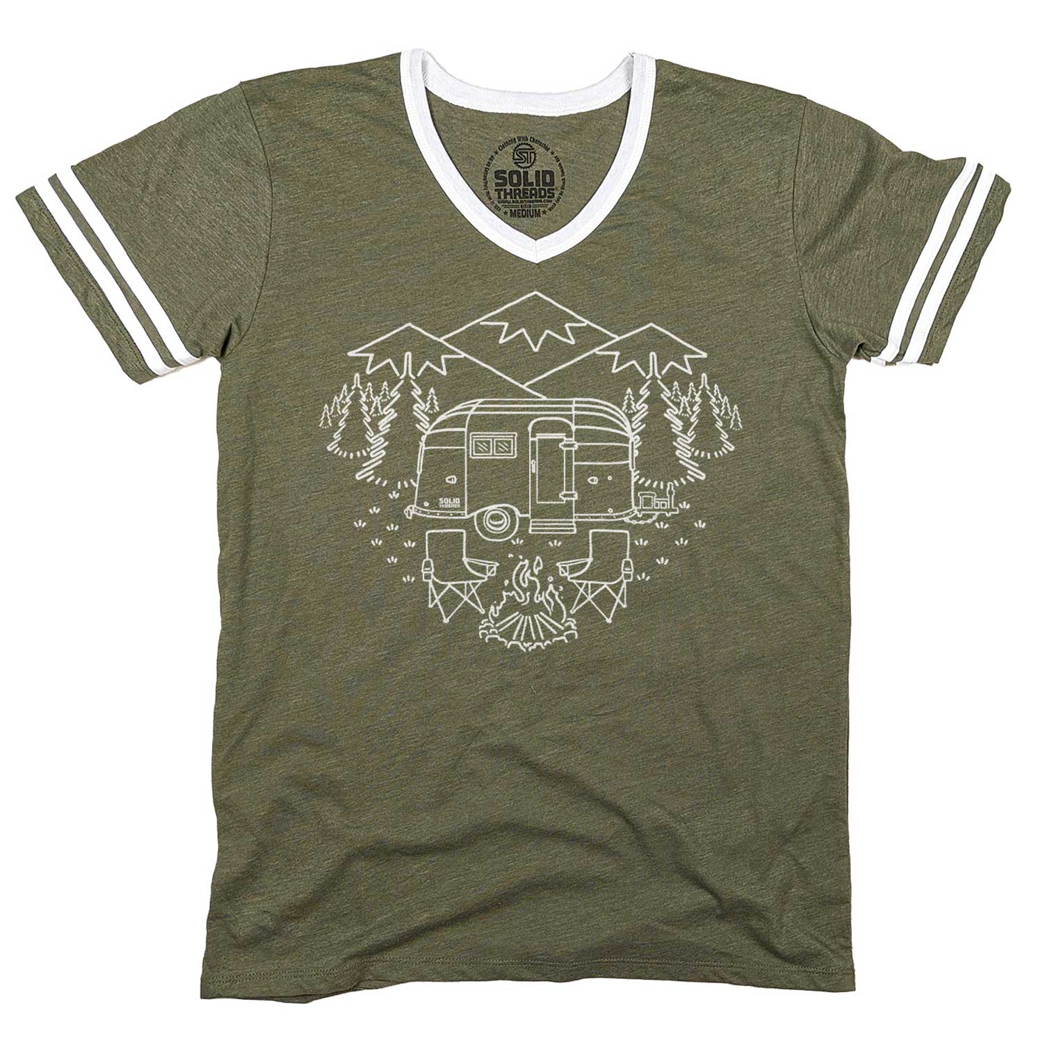 Men's Camp Site Vintage Graphic V-Neck Tee | Cool Airstream T-shirt | Solid Threads