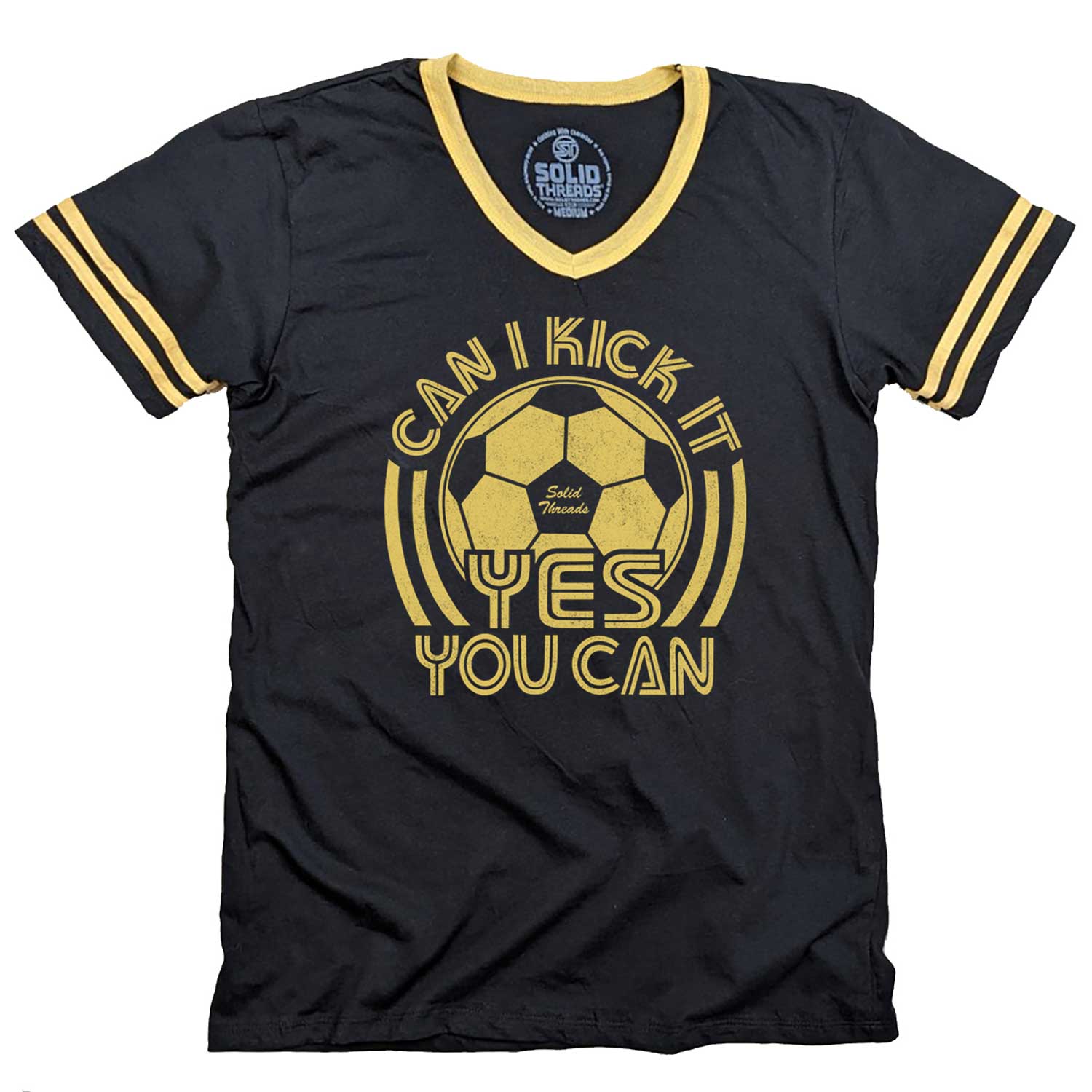 Men's Can I Kick It, Yes You Can Vintage Graphic V-Neck Tee | Funny Soccer T-shirt | Solid Threads