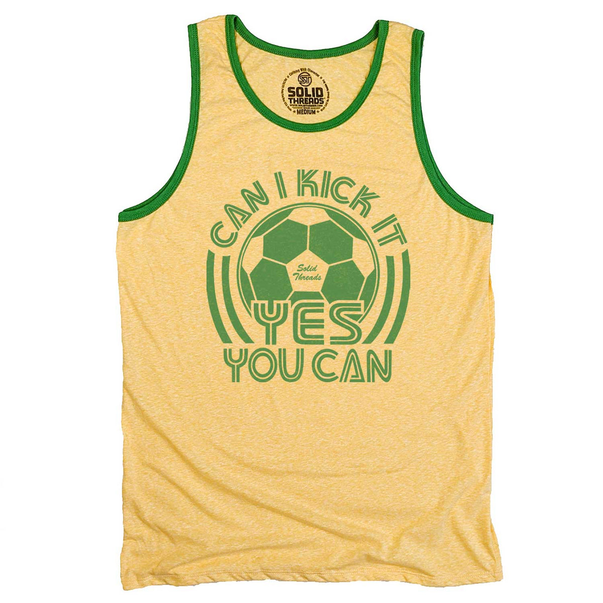 Men&#39;s Can I Kick It, Yes You Can Vintage Graphic Tank Top | Funny Soccer T-shirt | Solid Threads