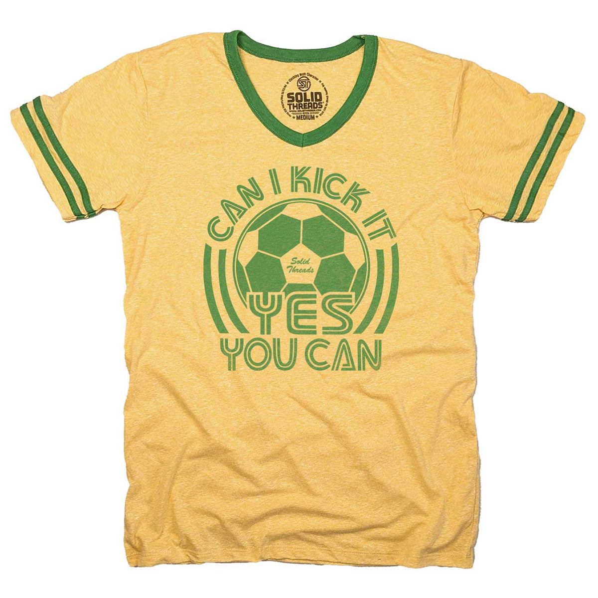 Men&#39;s Can I Kick It, Yes You Can Vintage Graphic V-Neck Tee | Funny Soccer T-shirt | Solid Threads