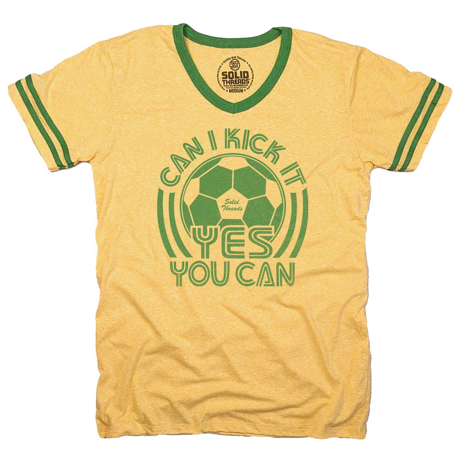 Men's Can I Kick It, Yes You Can Vintage Graphic V-Neck Tee | Funny Soccer T-shirt | Solid Threads