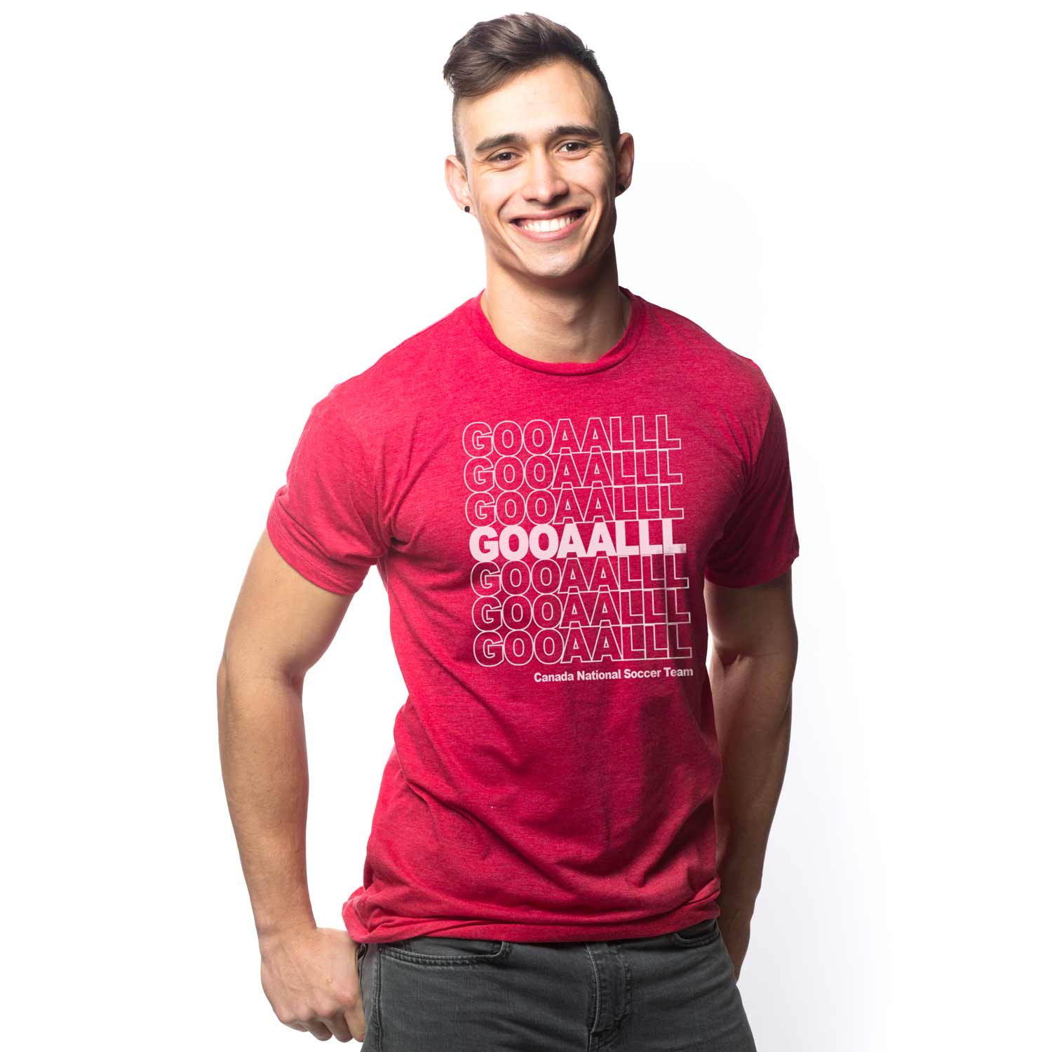Men's Canada Soccer Gooaalll Graphic Tee | Cool World Cup Football T-Shirt on Model | SOLID THREADS