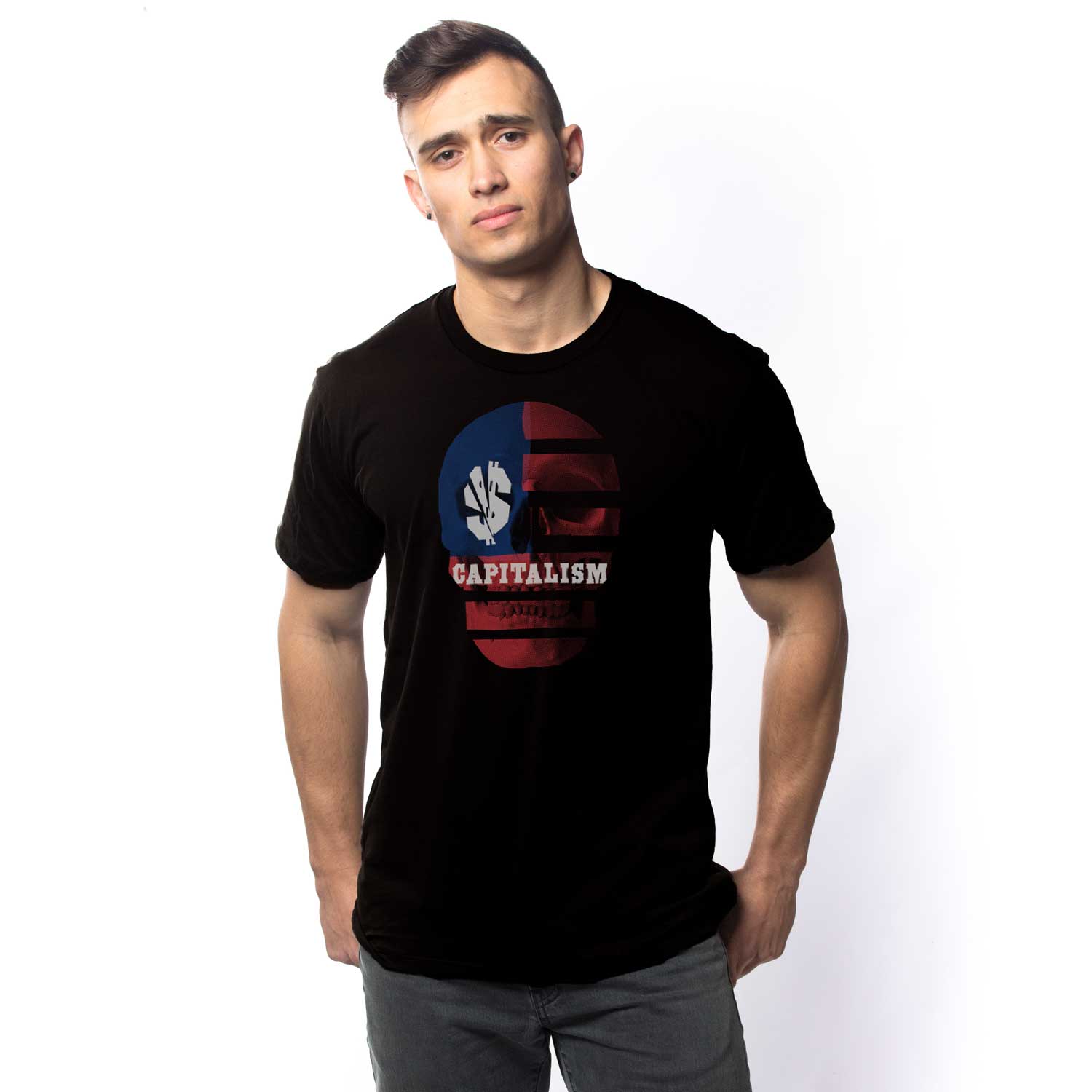 Men's Capitalism Skull Vintage T-shirt | Support Equality Soft Graphic Tee on Model | Solid Threads