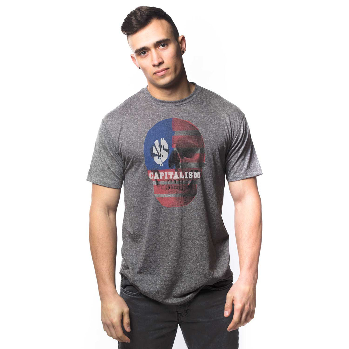 Men's Capitalism Skull Vintage T-shirt | Cool Activist Triblend Graphic Tee on Model | Solid Threads