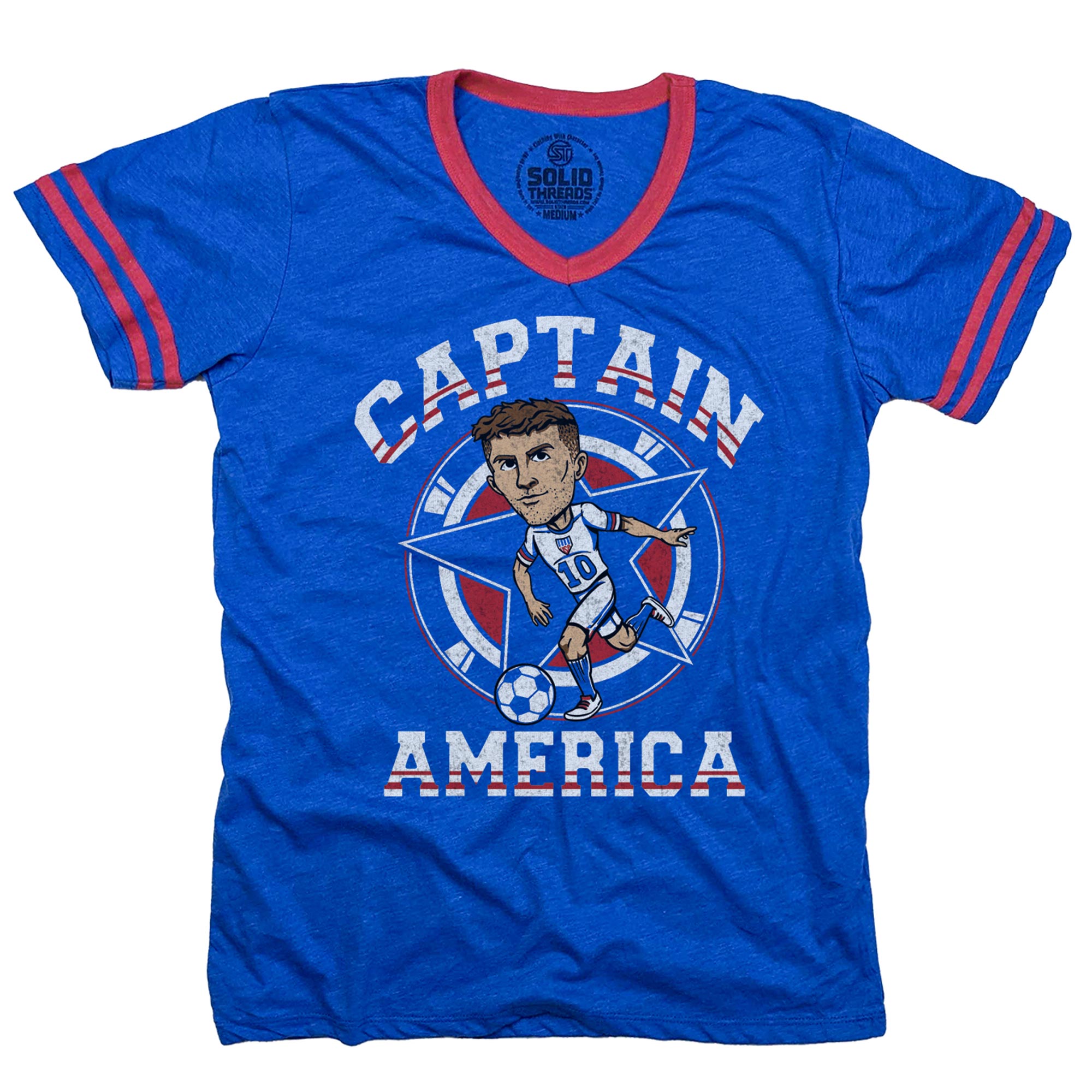 mens captain america vintage graphic tee | cool usa soccer royal red v-neck t-shirt - solid threads