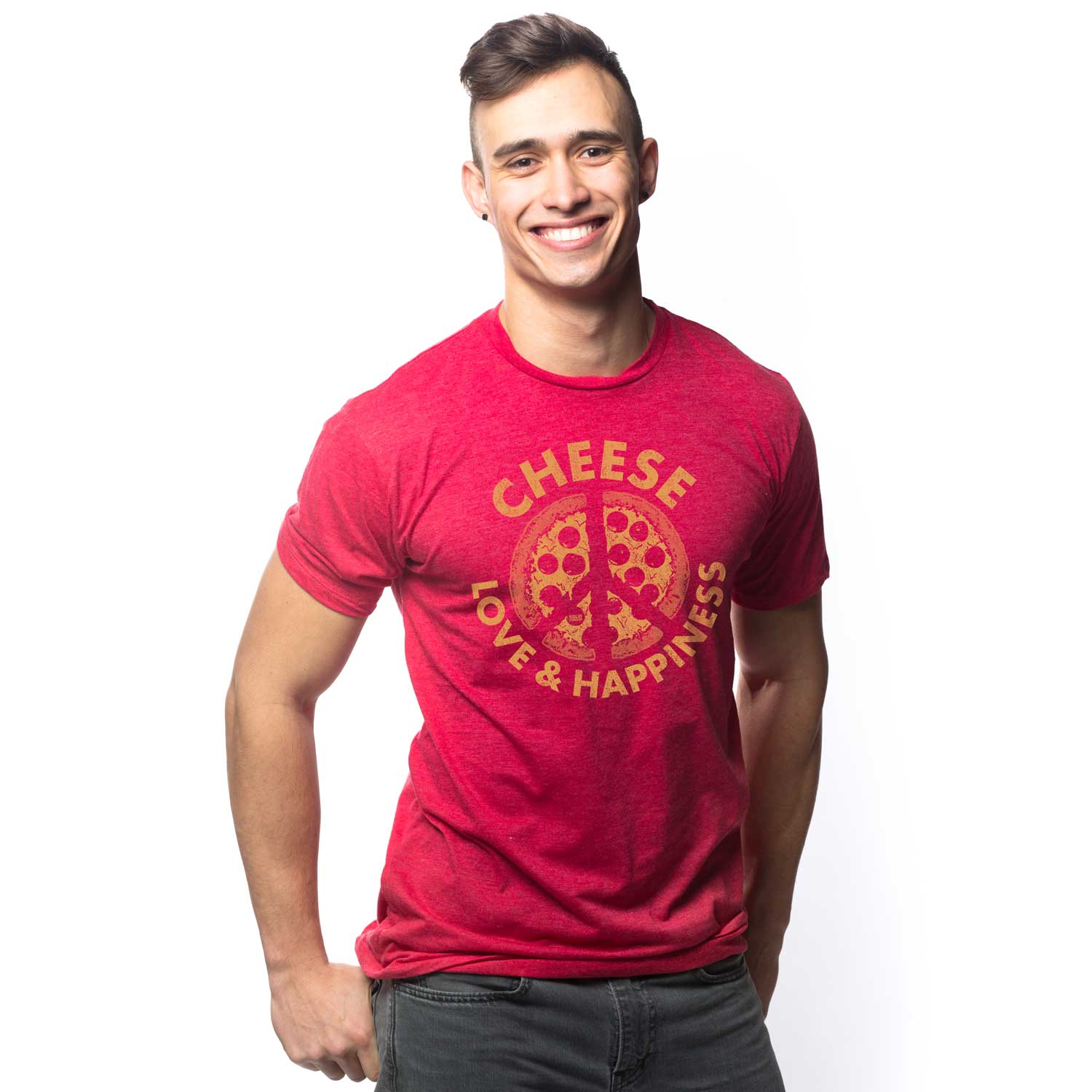 Men's Cheese Love & Happiness Vintage Foodie Graphic Tee | Retro Pizza Chef T-Shirt | Solid Threads