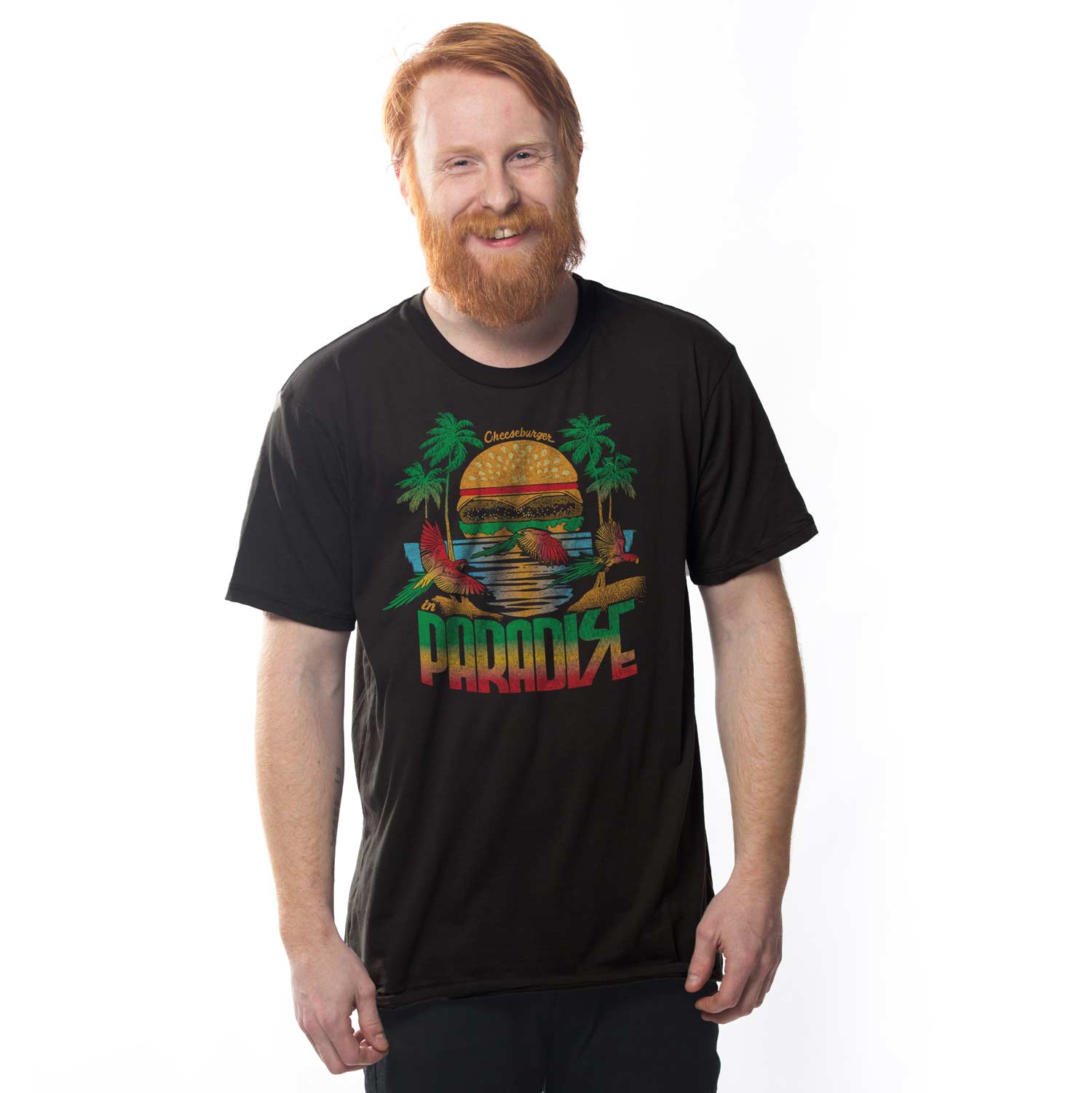 Men's Cheeseburger in Paradise Graphic Tee | Cool Parrothead Black T-shirt on Model | Solid Threads