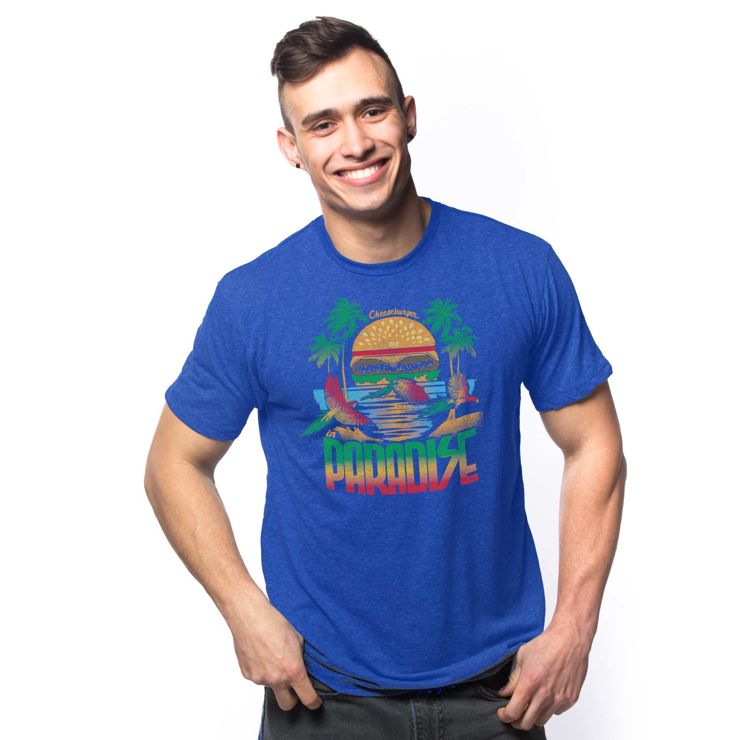Men's Cheeseburger in Paradise Graphic Tee | Cool Parrothead Royal T-shirt on Model | Solid Threads