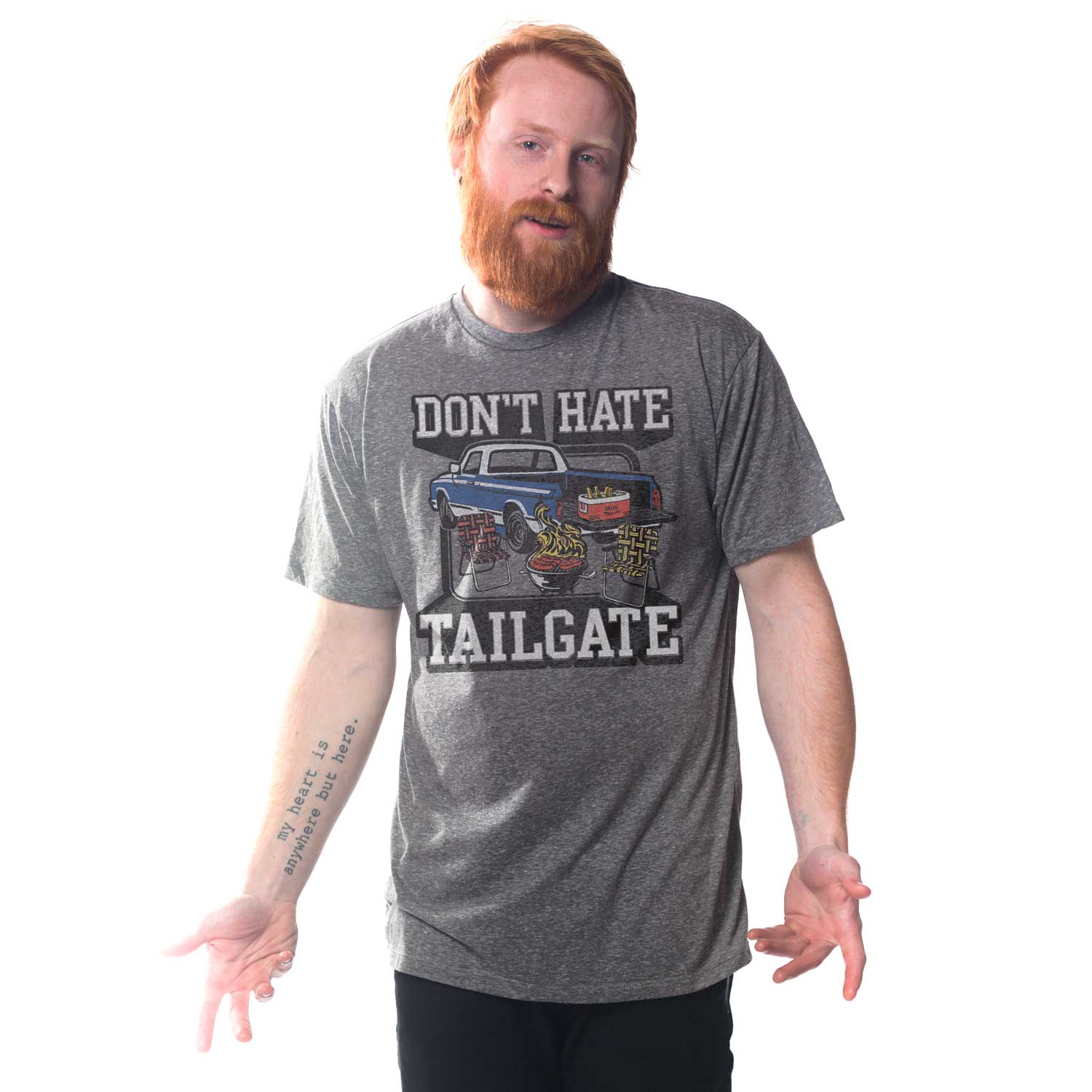 Men's Don't Hate Tailgate Vintage Grey Graphic Tee | Cool Football T-shirt on Model | Solid Threads