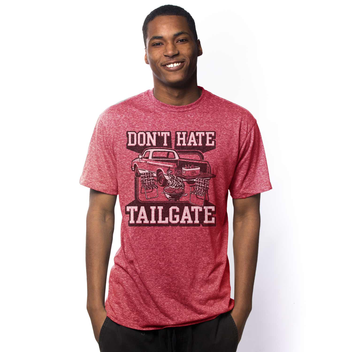 Men's Don't Hate Tailgate Vintage Red Graphic Tee | Cool Football T-shirt on Model | Solid Threads