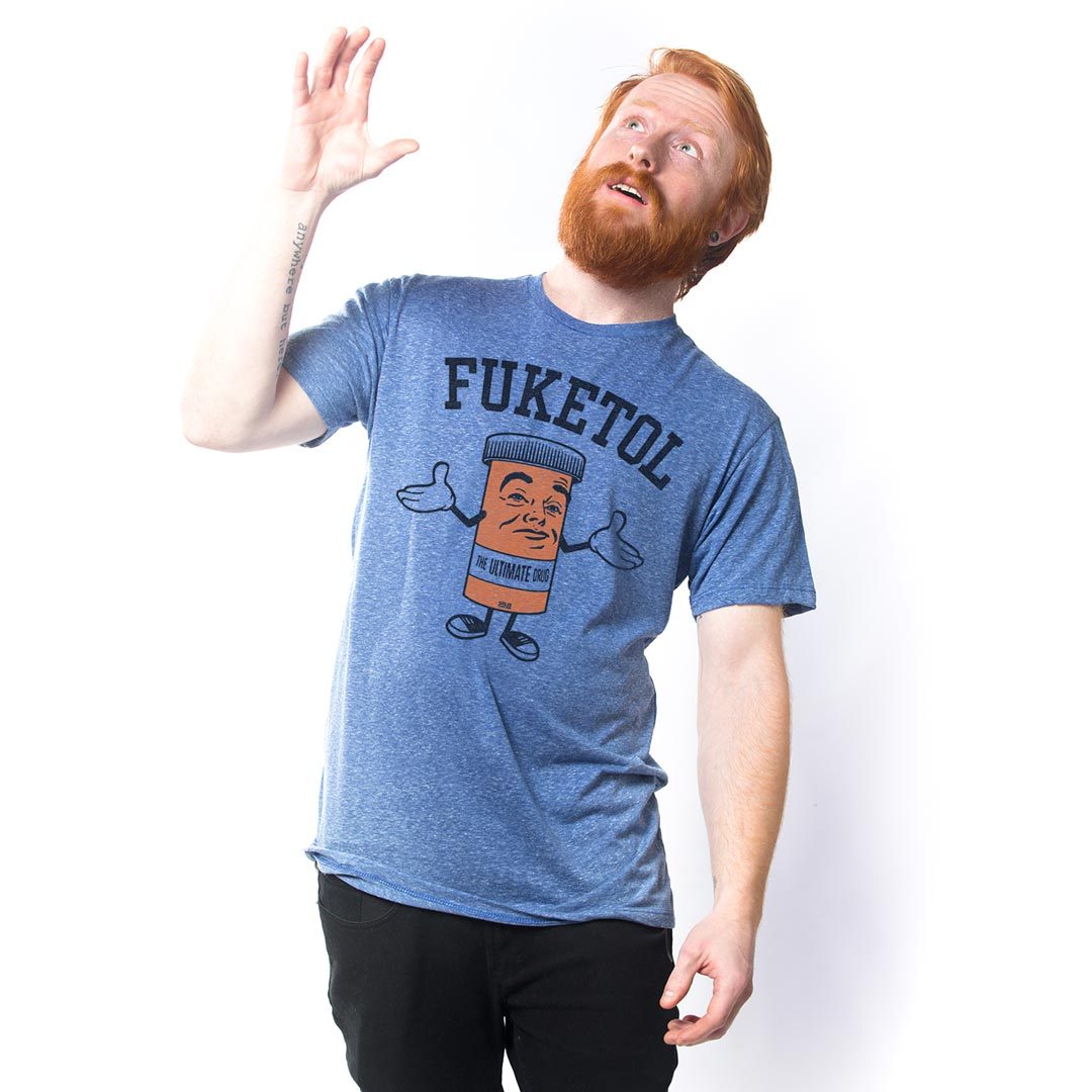 Men's Fuketol Festival Graphic Tee | Retro Pill Bottle T-shirt on Model | Solid Threads